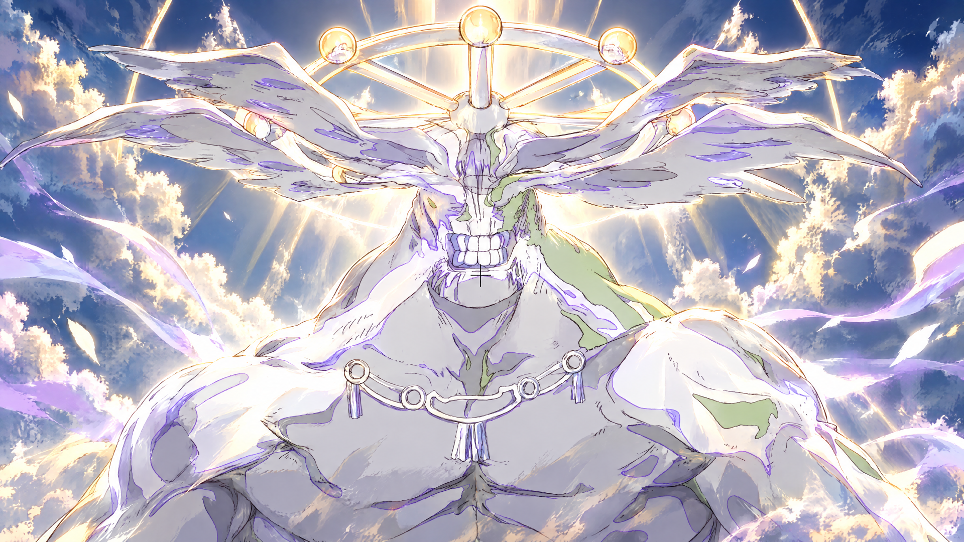 Mahoraga from Jujutsu Kaisen depicted as a radiant angelic giant with a multi-winged halo, luminous energy and thunderous light — 4K Ultra HD PC wallpaper.