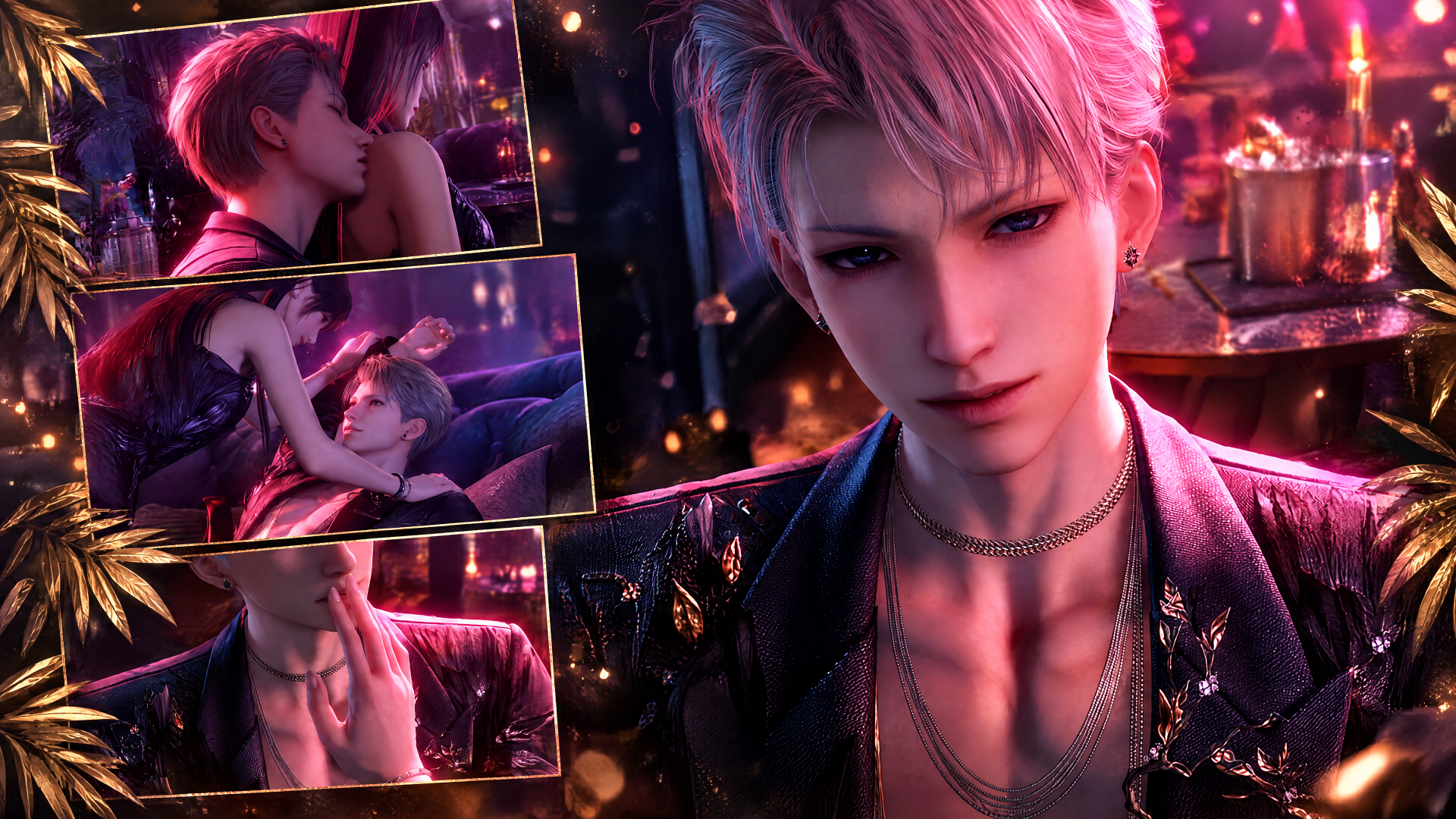 4K Ultra HD PC desktop wallpaper — anime portrait of Xavier, a man framed by neon Love and Deepspace hues, glossy cinematic lighting and small romantic inset scenes.