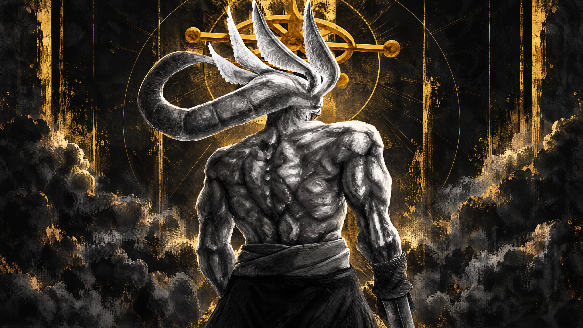 Mahoraga from Jujutsu Kaisen: towering horned demon-monster, muscular back view amid dark clouds and a golden sigil — 4K Ultra HD PC desktop wallpaper/background.