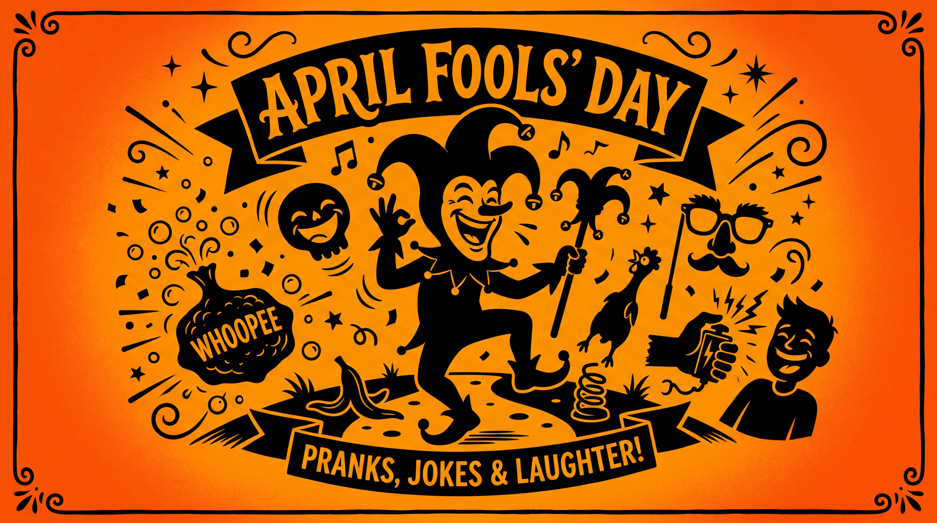5K Ultra HD PC desktop wallpaper: orange April Fools' Day jester surrounded by prank props (whoopee cushion, joy buzzer), laughing faces and a Pranks, Jokes & Laughter! banner.