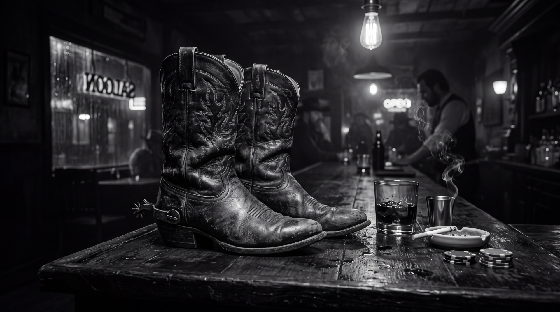 5K Ultra HD PC desktop wallpaper/background: black-and-white saloon scene with worn cowboy boots on a bar table beside a glass and ashtray — cowboy boots, boot, cowboy boot.