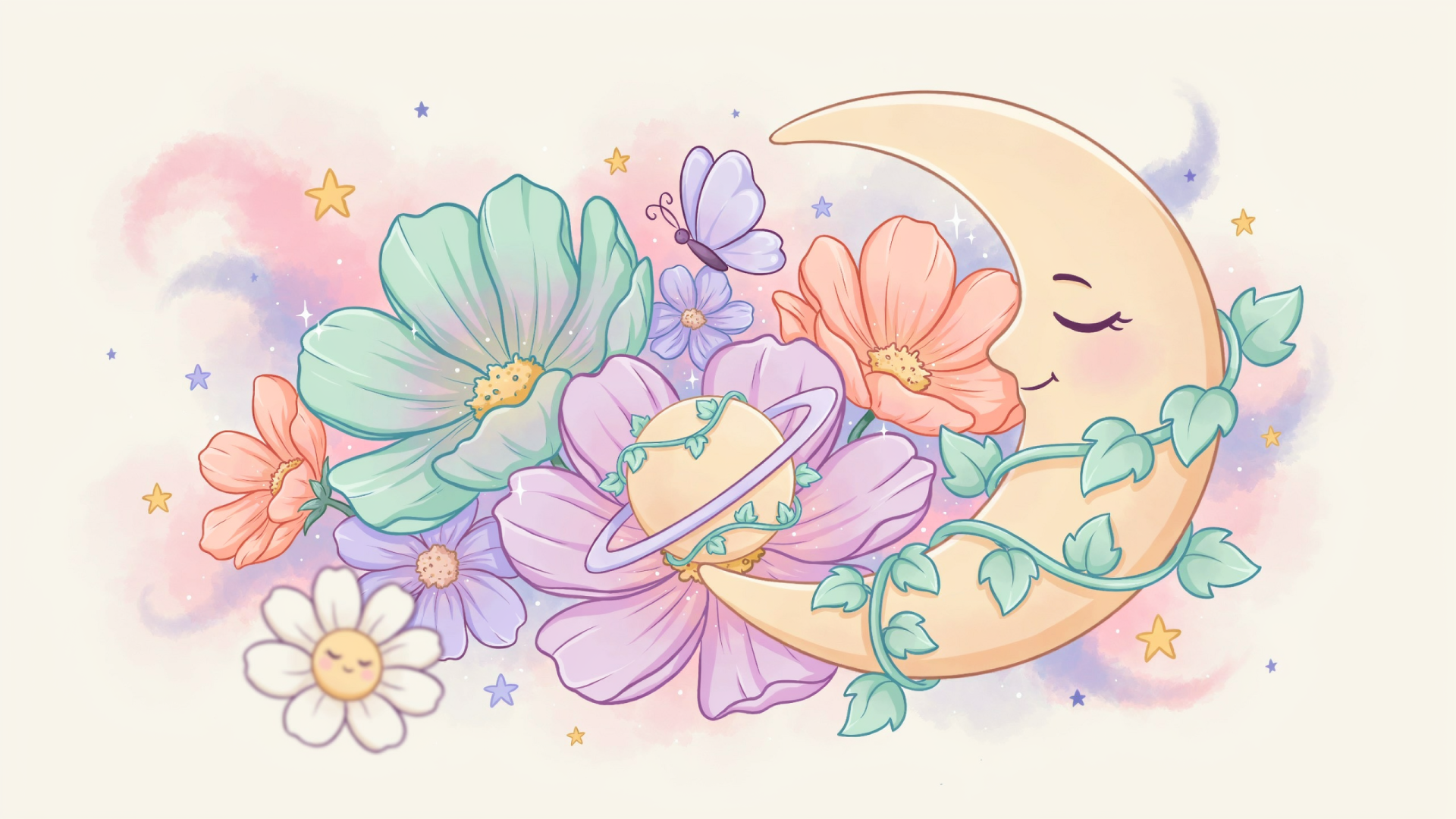 Cute pastel 2K Quad HD PC desktop wallpaper: smiling crescent moon entwined with vines amid pastel flowers, twinkling stars and a small butterfly.