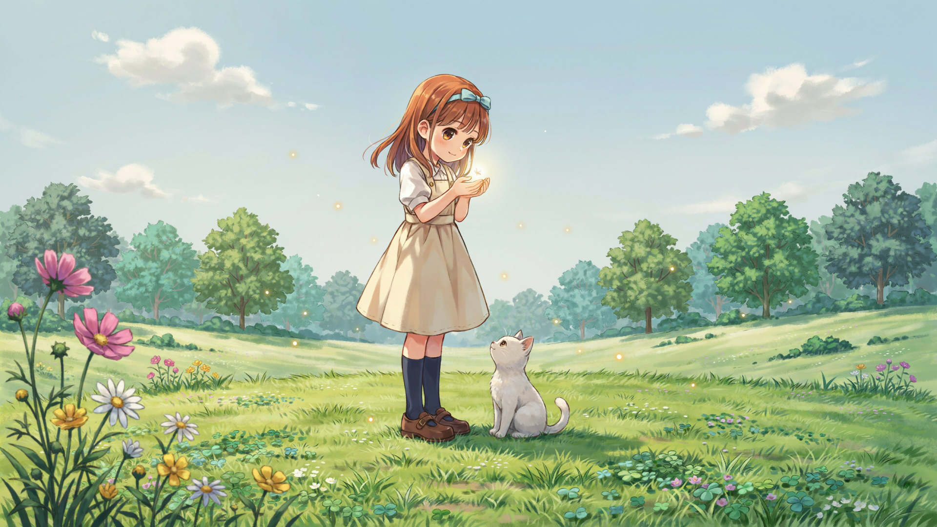 2K Quad HD PC desktop wallpaper and background: a young girl in a dress stands in a sunlit meadow, hands clasped, while a small white dog sits at her feet beneath a blue sky.