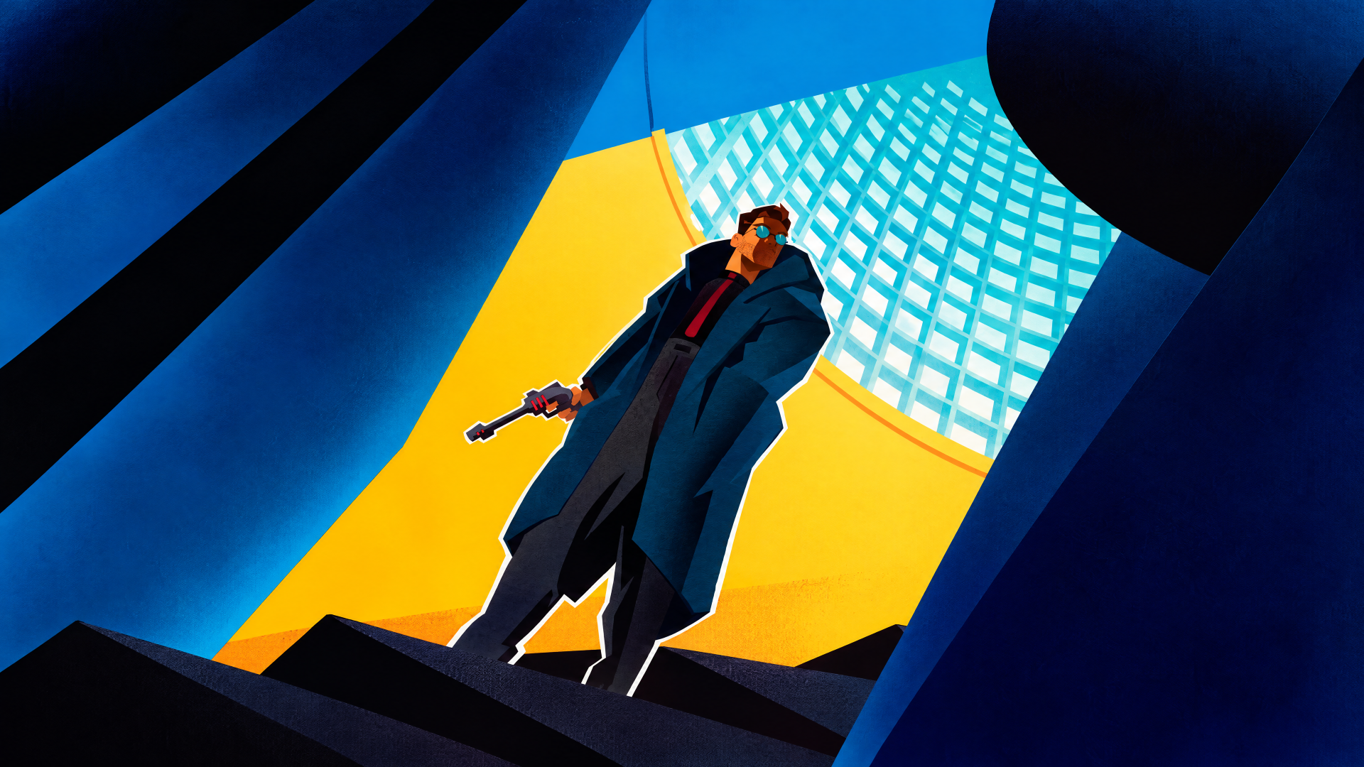 4K Ultra HD PC desktop wallpaper of Ray Gunn — a trench-coated man holding a gun, standing beneath a glowing blue dome with bold yellow backlight.