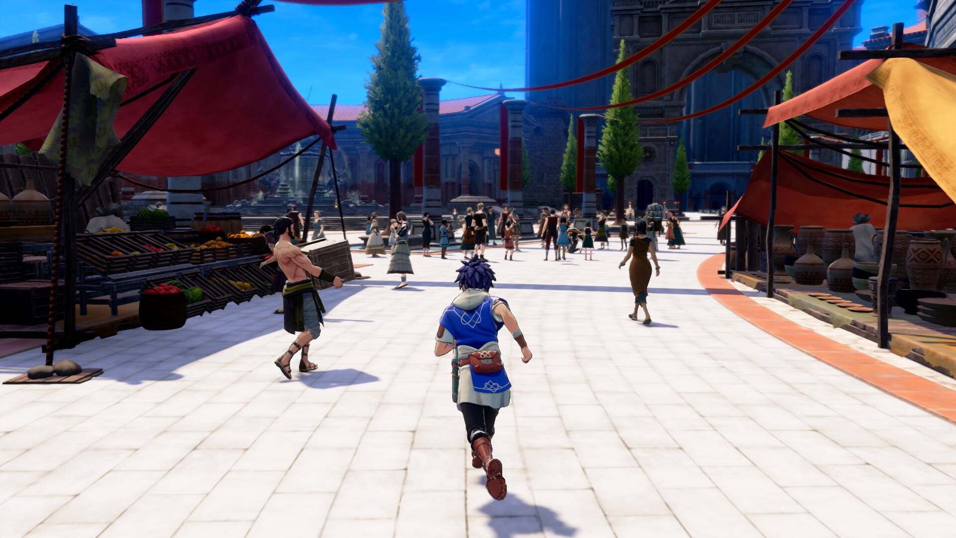 Fire Emblem: Fortune's Weave video game — blue-haired hero sprints down a sunlit market street past stalls and townsfolk, rendered as a 4K Ultra HD PC desktop wallpaper/background.