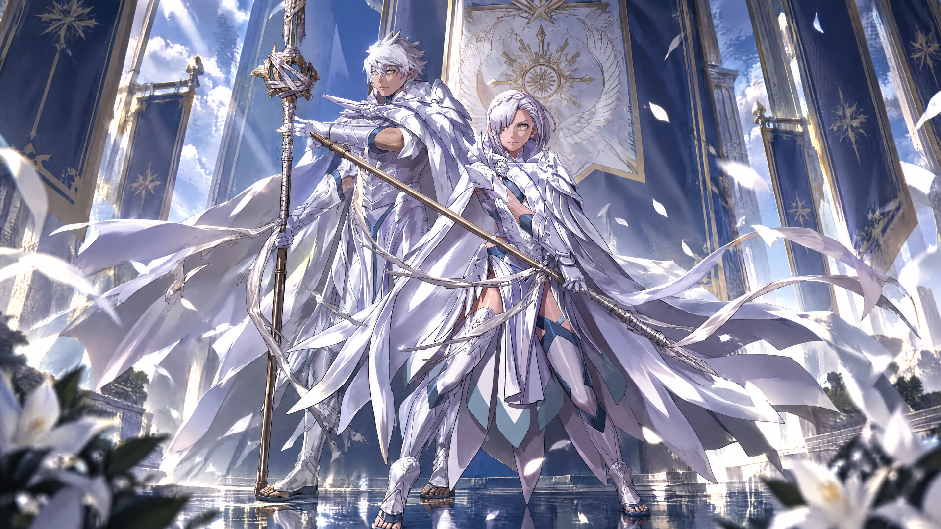 4K Ultra HD PC desktop wallpaper/background of Eshmel from Fire Emblem: Fortune's Weave — two anime knights in white armor and flowing cloaks before luminous cathedral windows.