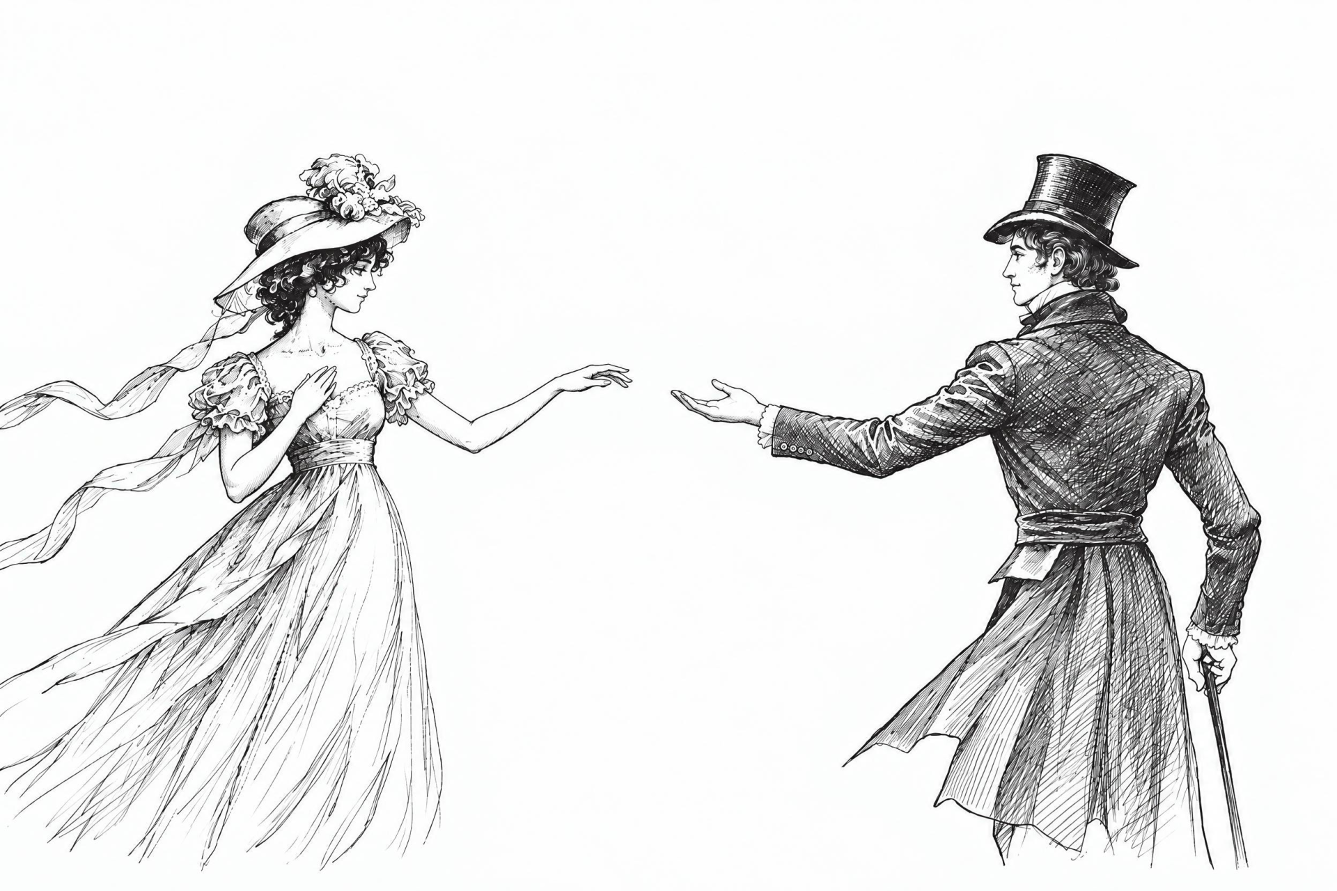 Vintage sketch AI art of Pride and Prejudice by Jane Austen: Elizabeth Bennet and Mr. Darcy reaching hands, HD PC desktop wallpaper background.