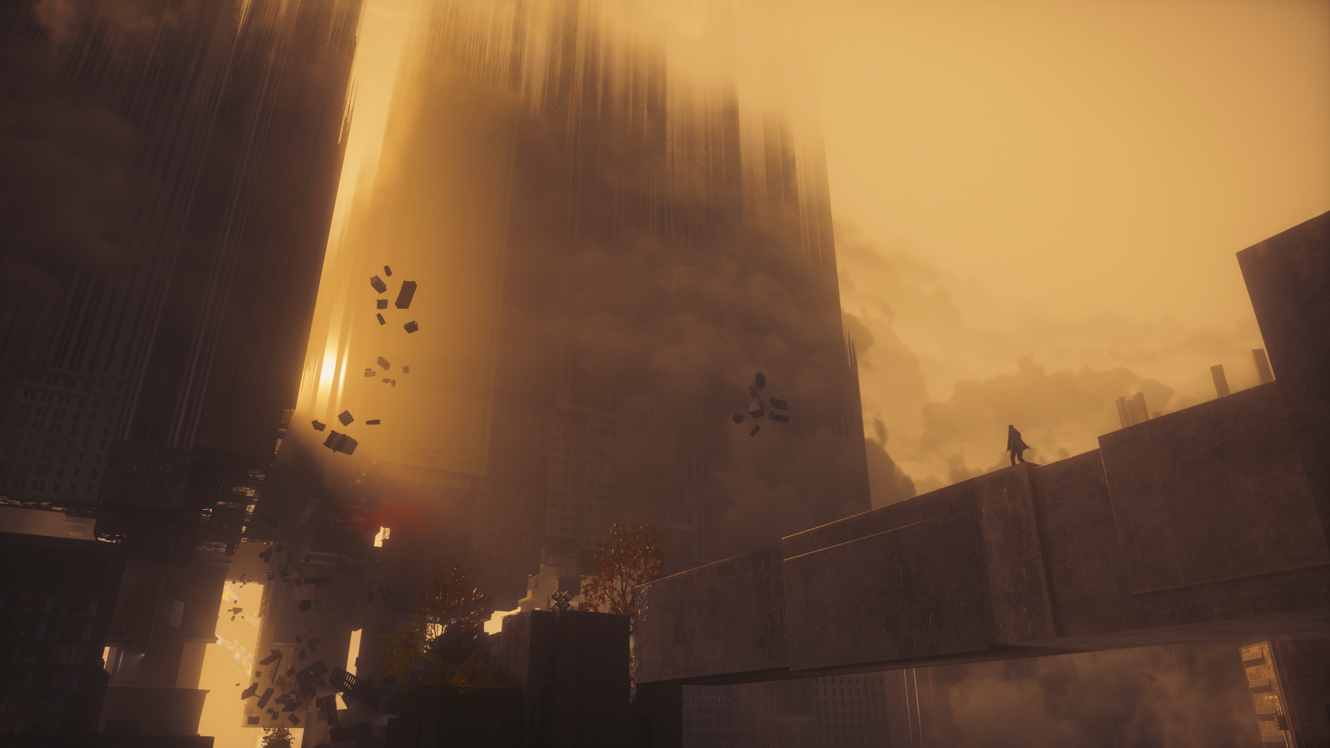 Control Resonant 4K Ultra HD PC desktop wallpaper and background: a monolithic building veiled in drifting smoke and amber haze, silhouetted figures on a concrete ledge.