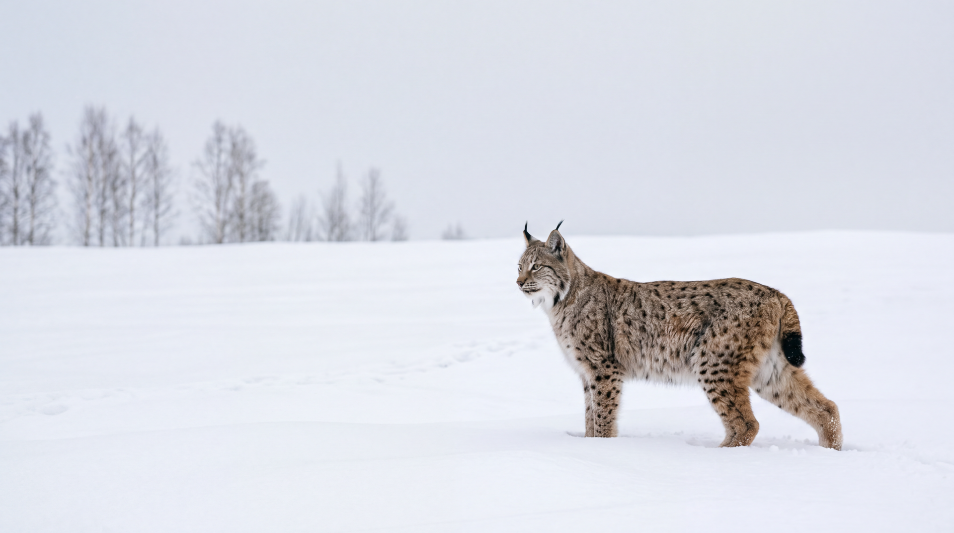 5K Ultra HD PC desktop wallpaper: a lynx wildcat standing on a vast snowy plain with distant bare trees.