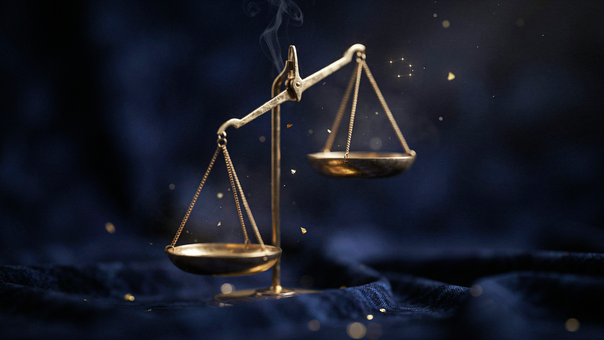 2K Quad HD PC desktop wallpaper/background: Libra (astrology) golden scales hovering over dark velvet, symbolizing justice and law.