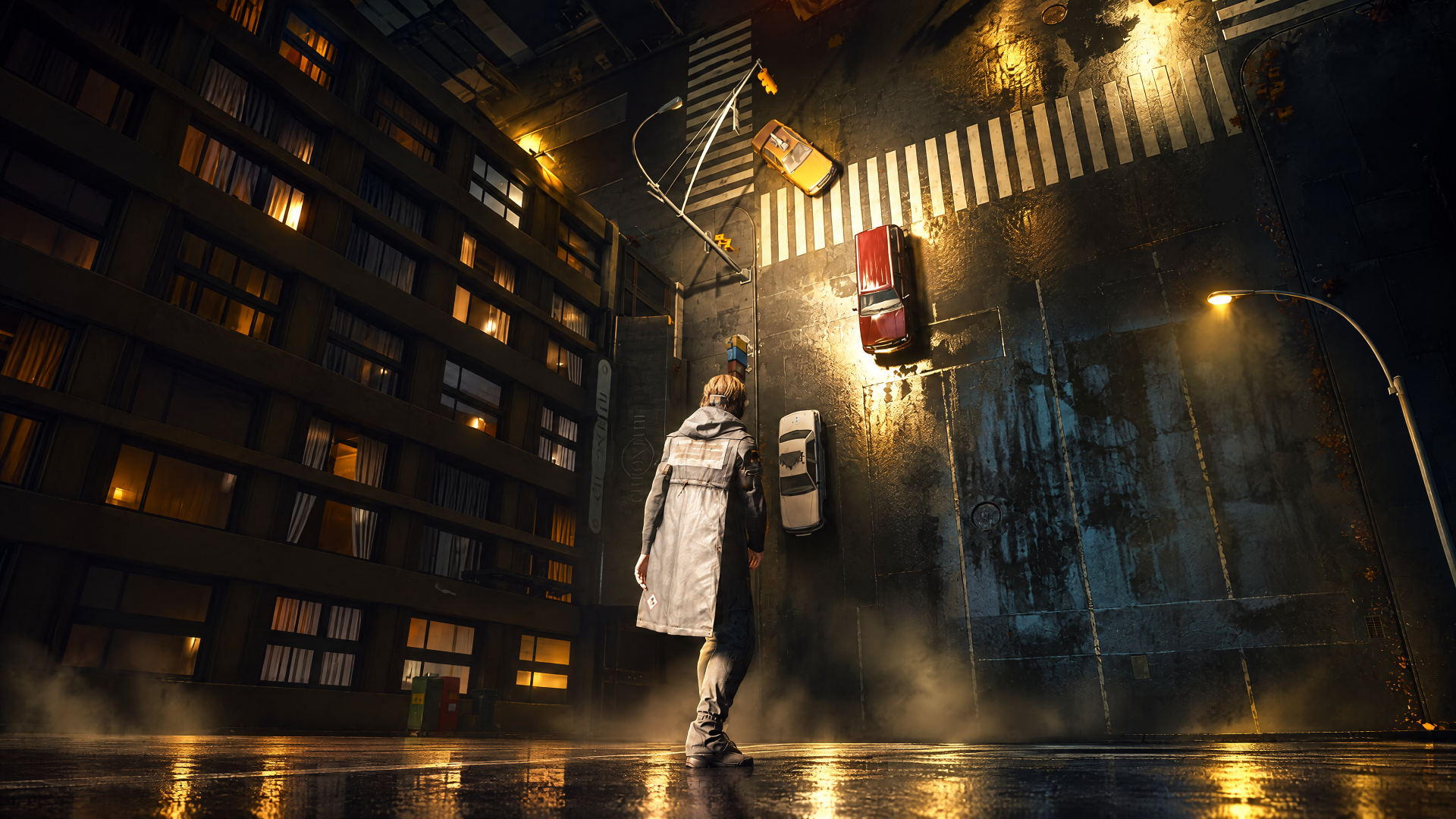 4K Ultra HD PC desktop wallpaper: lone figure in coat with umbrella on a rain-slicked city street at night, moody lights — tags: Control Resonant, Dylan Faden