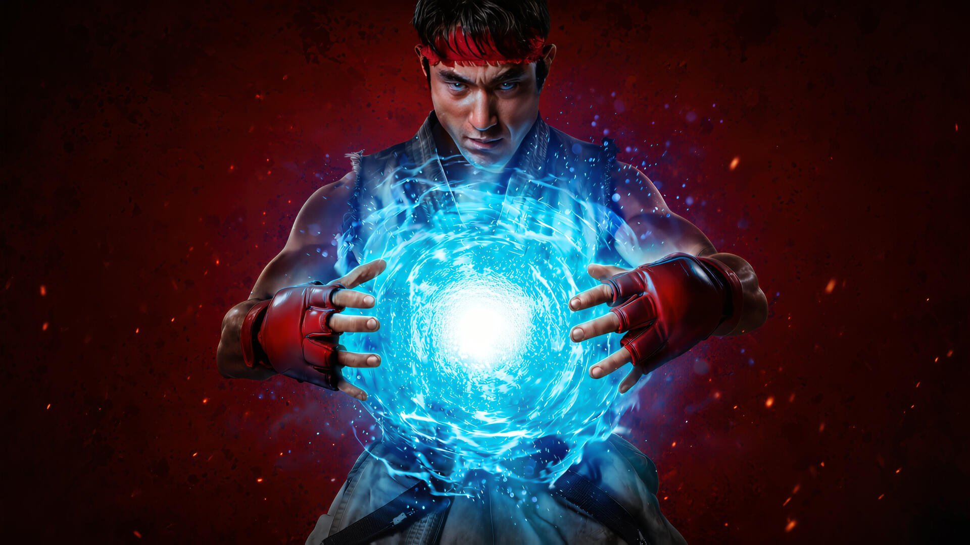 Ryu from Street Fighter (2026) charging a glowing blue Hadouken, 4K Ultra HD PC desktop wallpaper with dramatic red backdrop.
