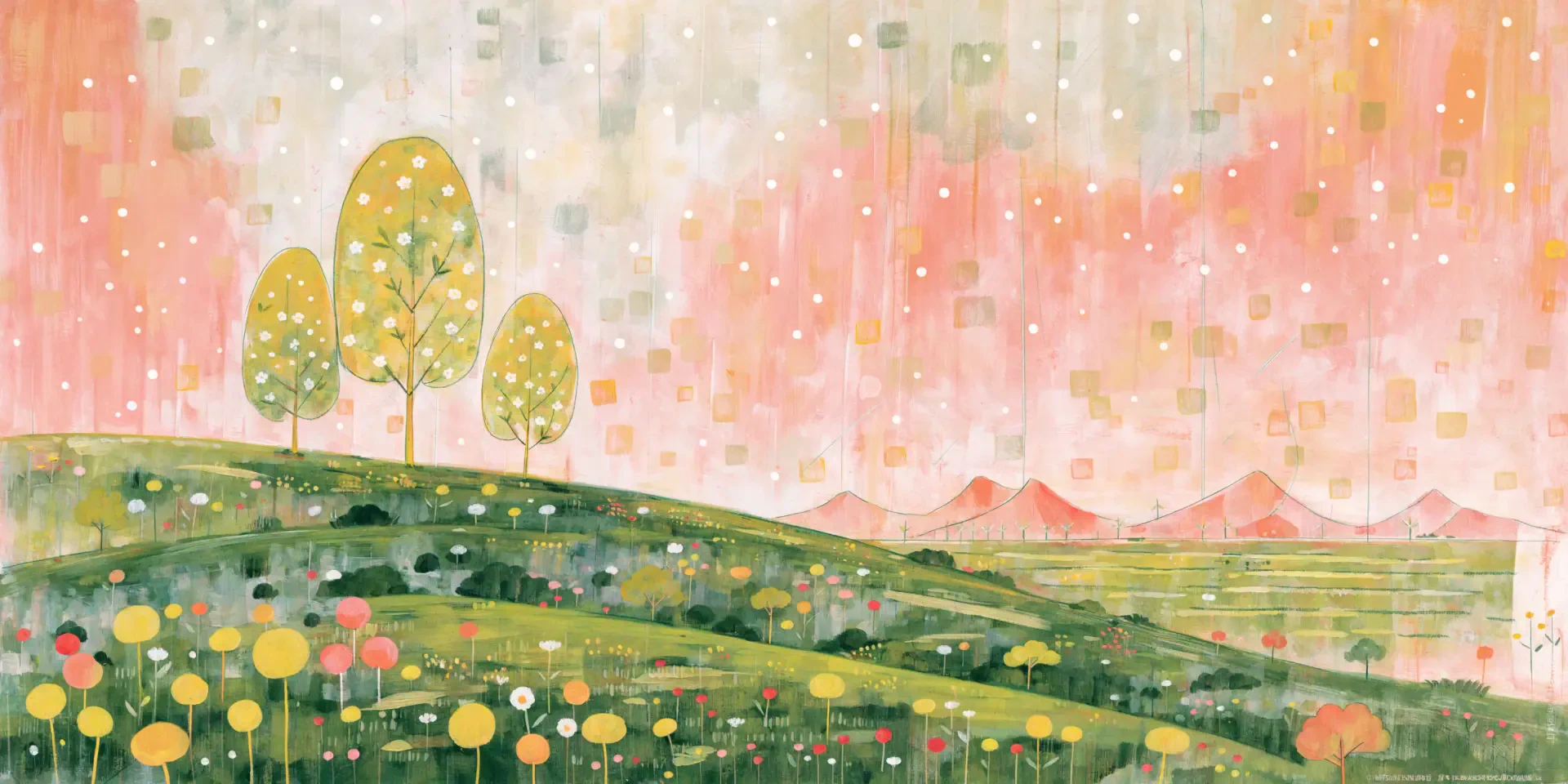 Minimalist spring landscape: stylized trees on rolling green hills and a dotted wildflower field beneath a pastel sky — 2K Quad HD PC desktop wallpaper/background.