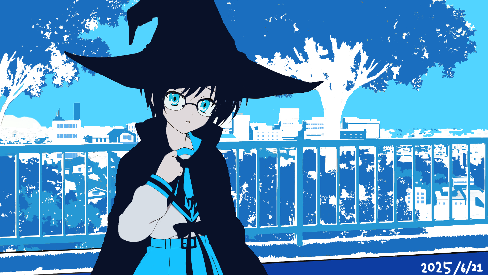 HD PC desktop wallpaper of Yuki Nagato (Suzumiya Haruhi no Shoushitsu) wearing a witch hat and cloak, set against a blue, Persona 3 Reload–inspired cityscape.