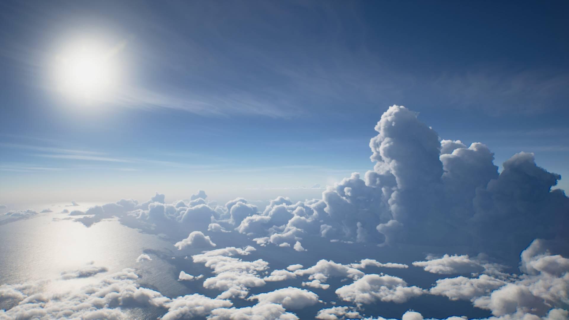 Ace Combat 8: Wings of Theve HD PC desktop wallpaper and background — sunlit sky with towering cumulus clouds over a bright horizon.
