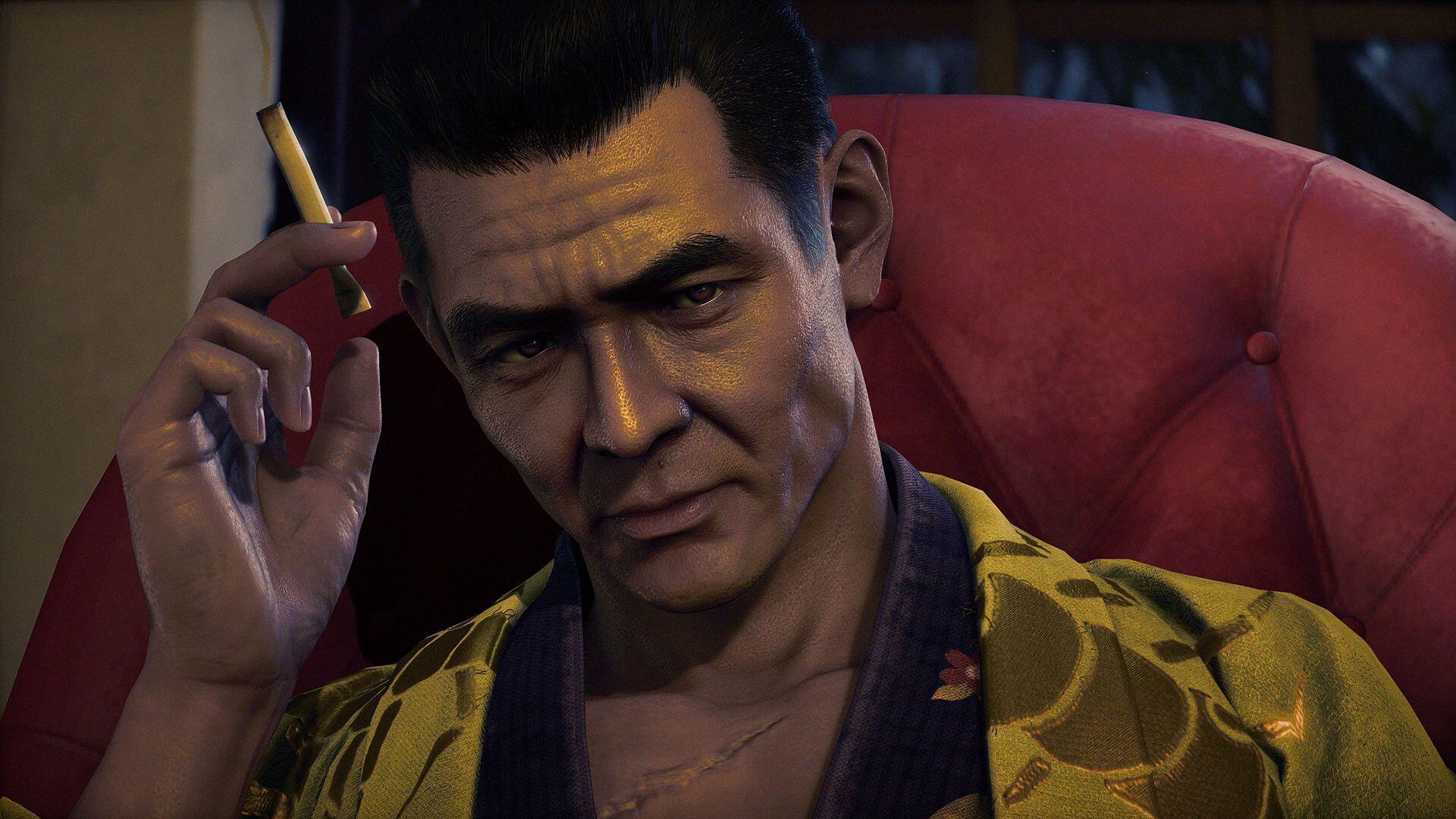 Stranger Than Heaven HD PC desktop wallpaper: moody portrait of a man in a patterned robe holding a cigarette, seated in a red chair.