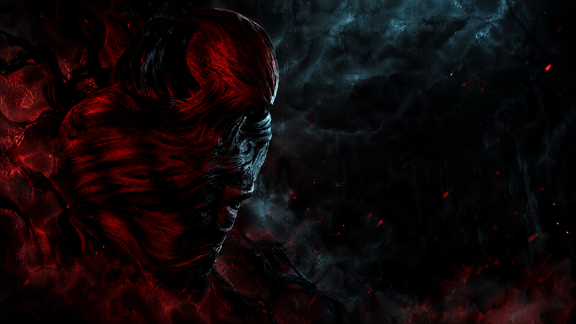 4K Ultra HD PC desktop wallpaper of a Silent Hill: Townfall alien monster — a shadowy red‑skinned creature emerging from darkness against a smoky, nightmarish Silent Hill background.