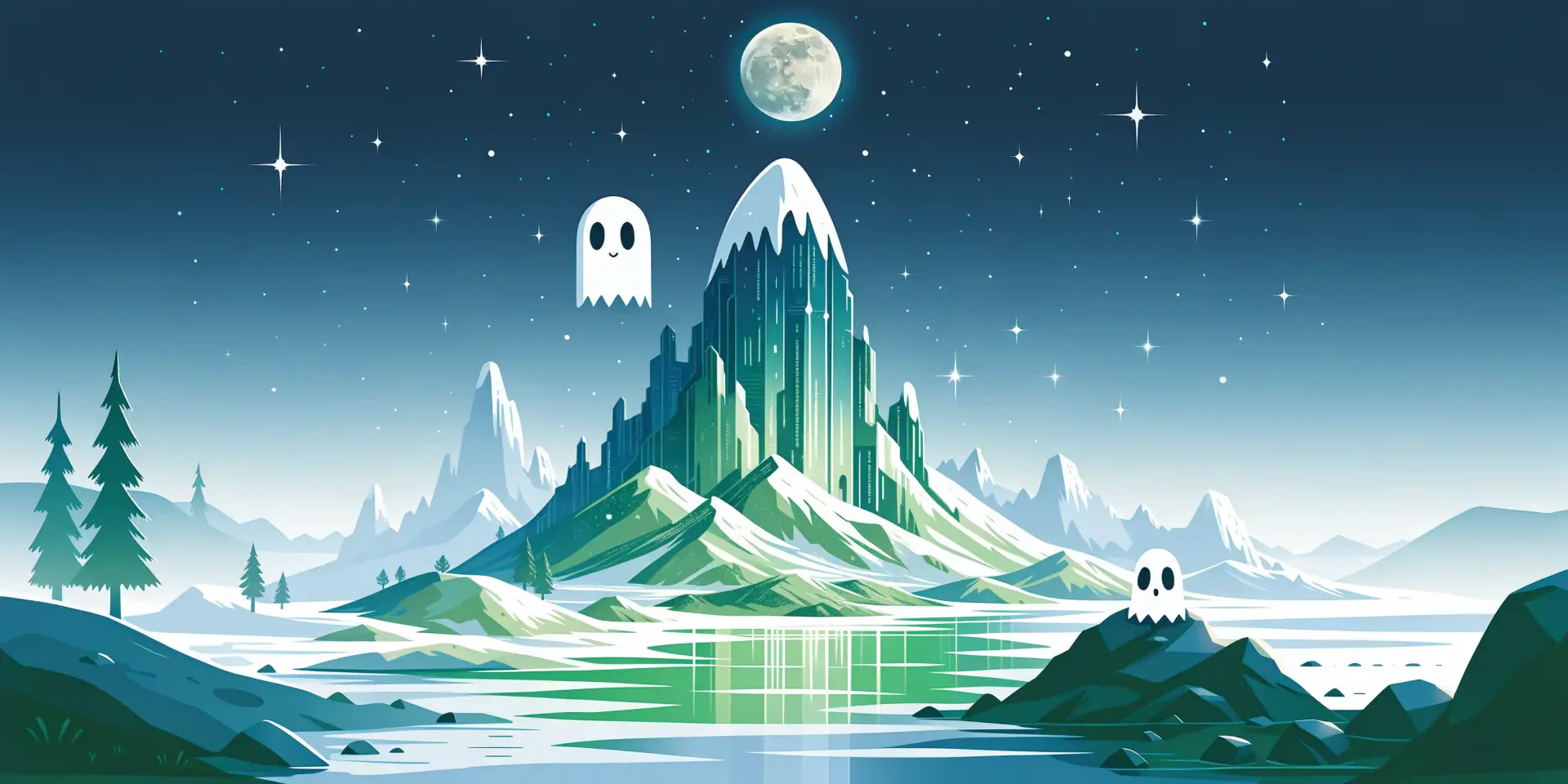 Spooky-cute 2K Quad HD PC desktop wallpaper: moonlit crystalline mountain rising from a glassy lake, twinkling stars and two floating cartoon ghosts.
