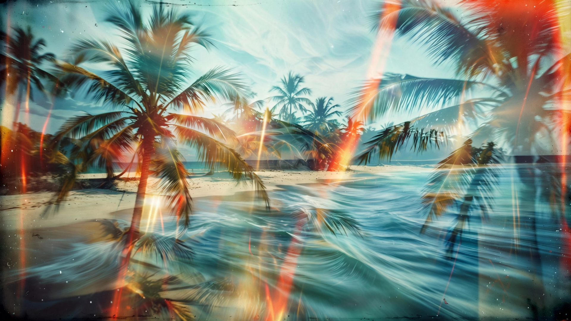 HD PC desktop wallpaper: tropical beach background with palm trees lining a sandy shore, turquoise ocean waves and warm sunlit reflections.