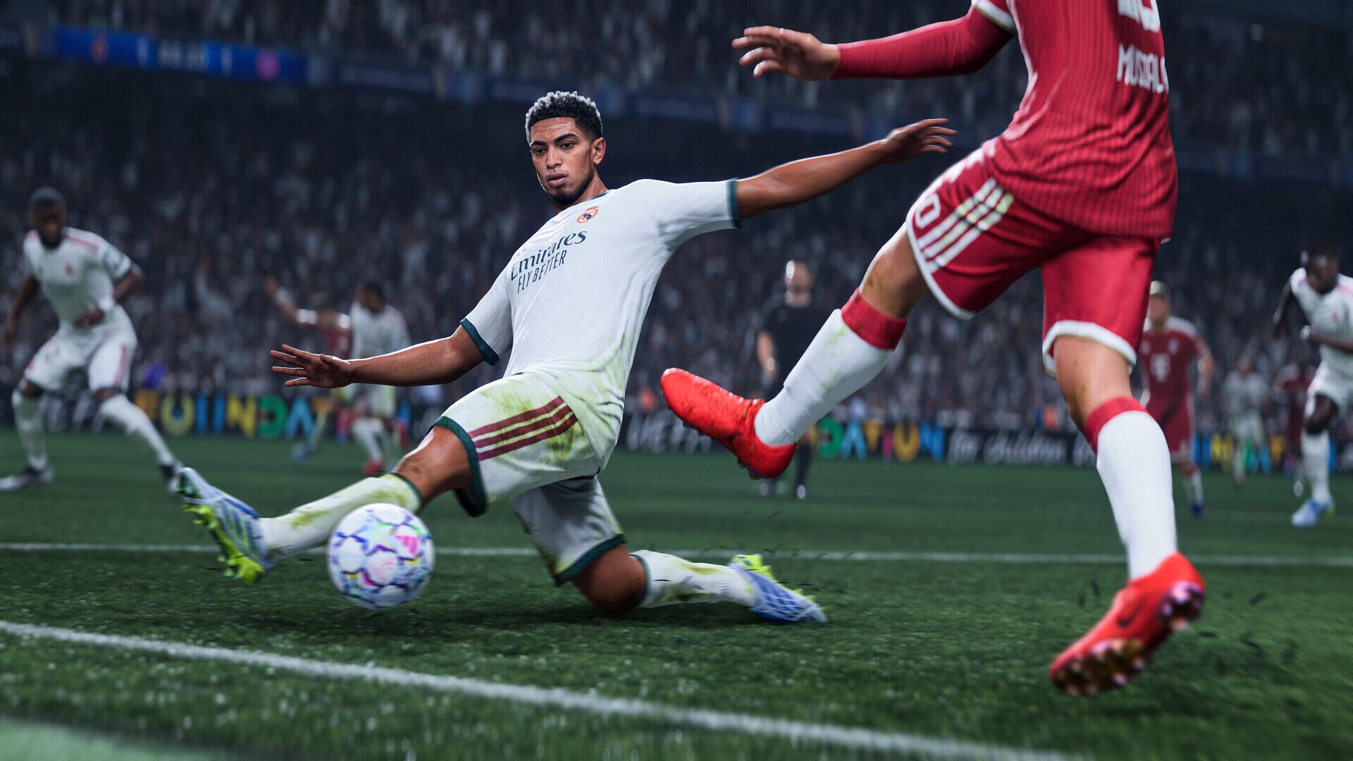 EA SPORTS FC 27 HD PC desktop wallpaper: soccer player executing a sliding tackle on a rain-slick pitch, stadium crowd blurred in the background.