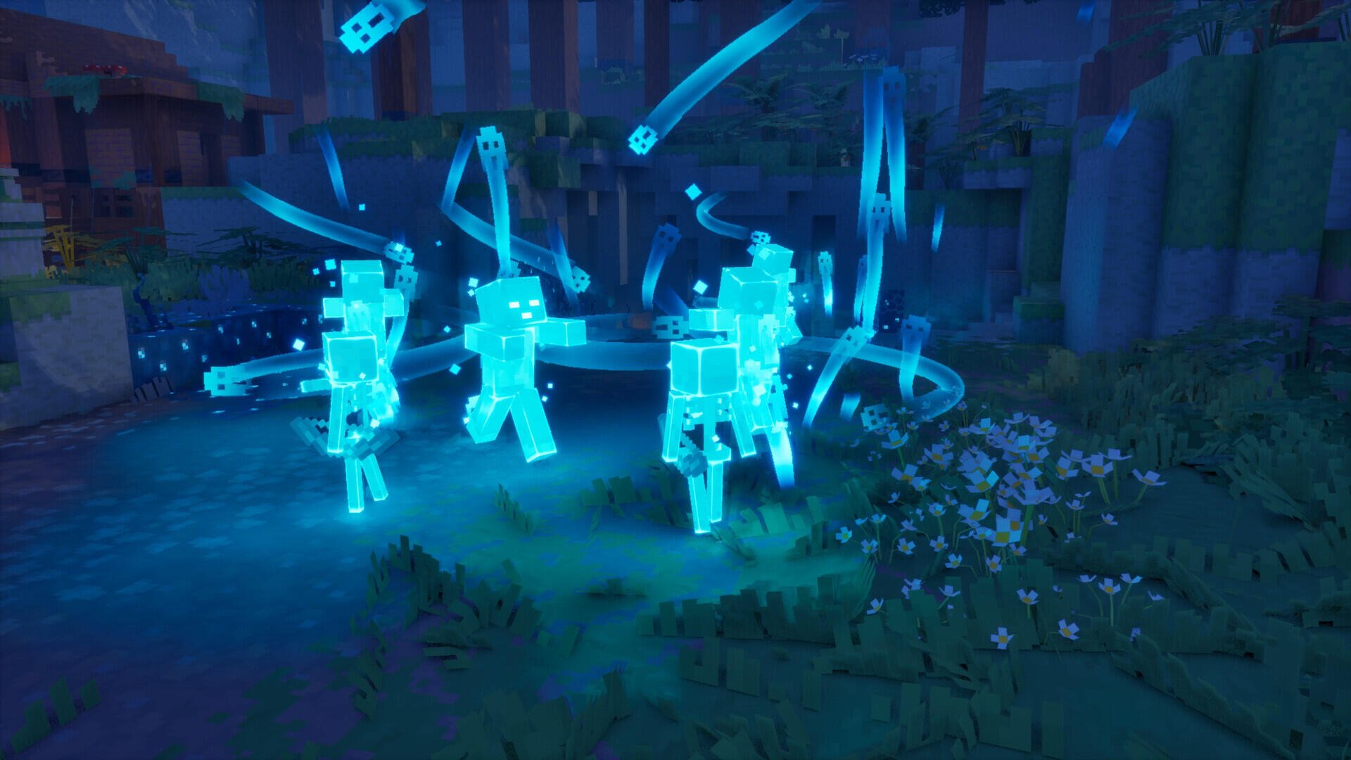 HD PC desktop wallpaper from Minecraft Dungeons II showing glowing blue ghost spirits—three spectral warriors drifting through a moonlit forest clearing.