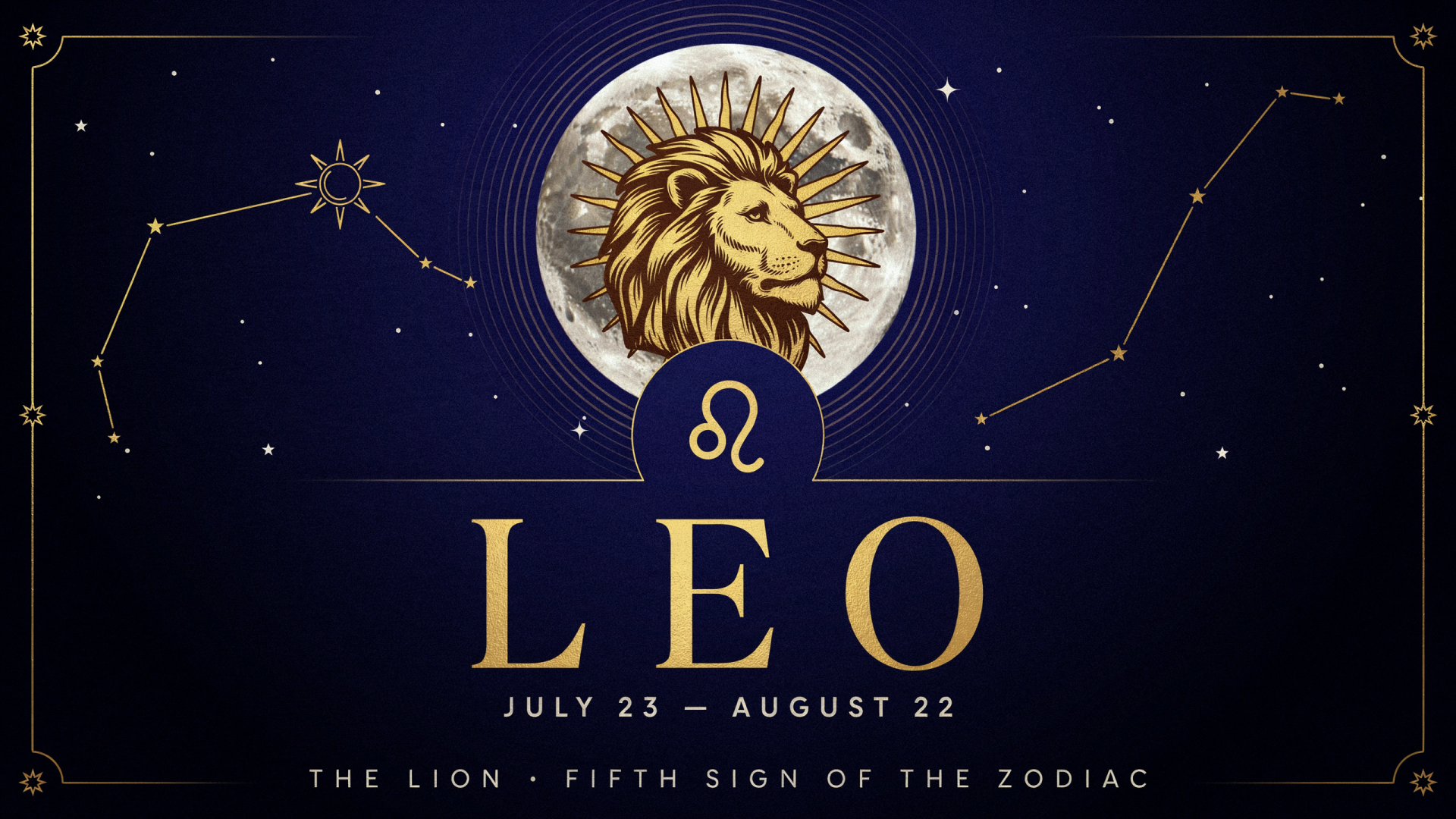 2K Quad HD PC wallpaper: golden lion medallion and Leo zodiac glyph against a starry navy background with constellation lines, LEO and dates July 23–August 22.