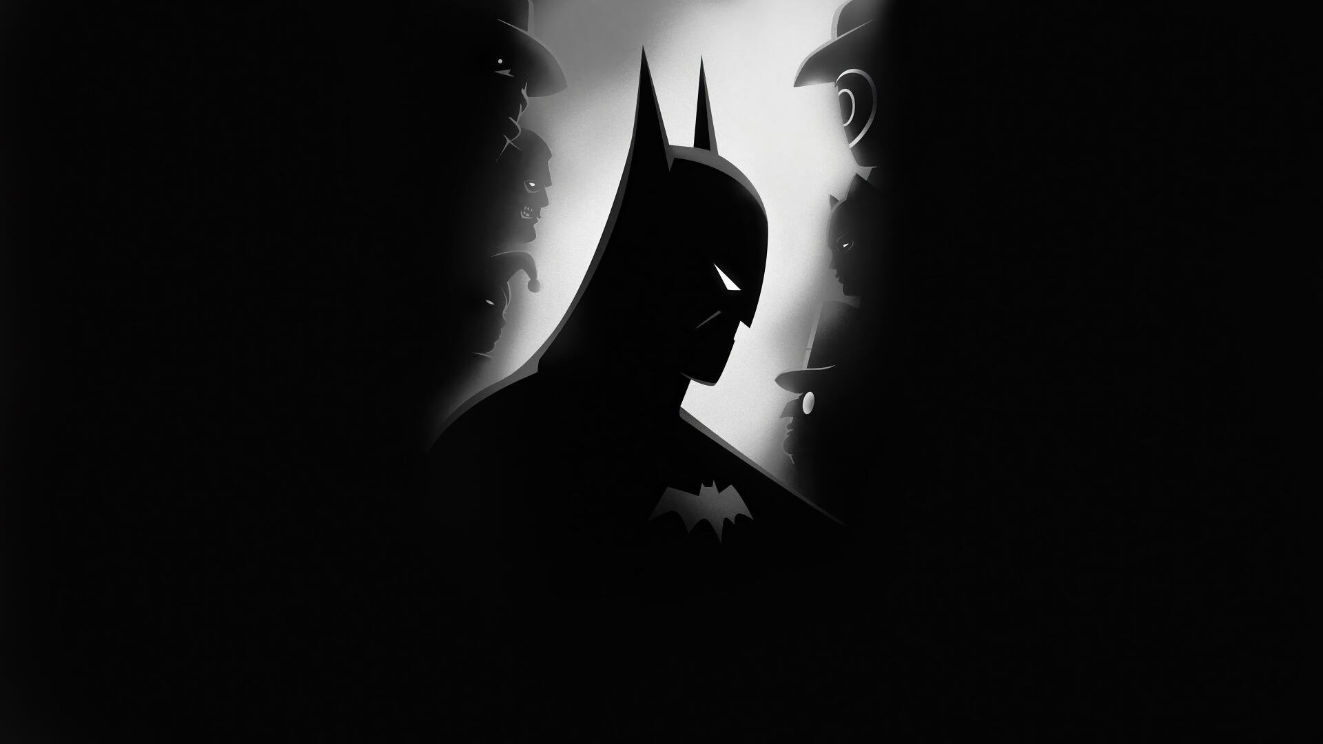 Moody black-and-white silhouette of Batman from Batman: Caped Crusader, backlit halo highlighting his cowl and bat emblem — 4K Ultra HD PC desktop wallpaper.