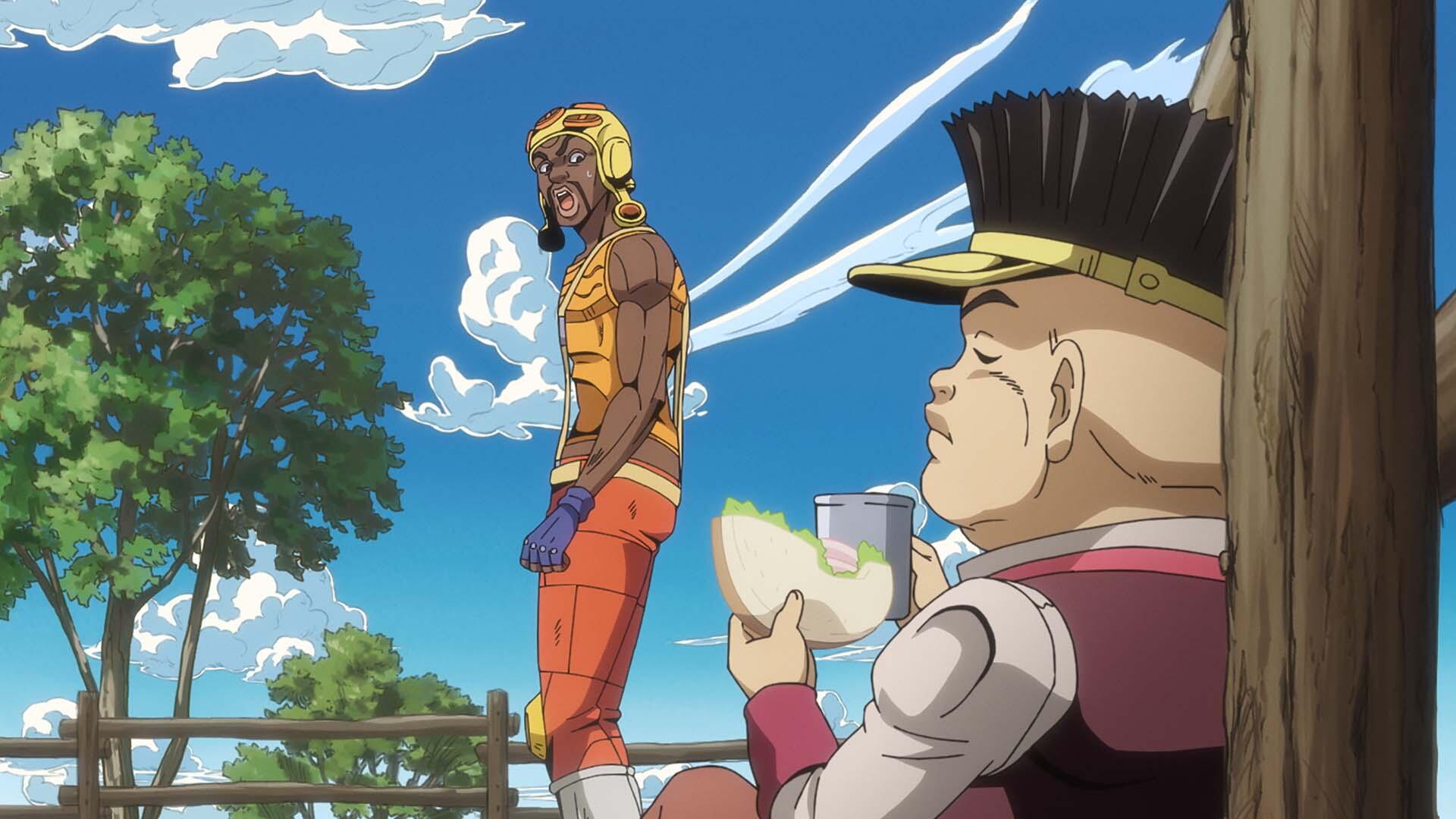 HD PC wallpaper of Steel Ball Run anime: Gyro Zeppeli walks by a fence while a boy leans against a post eating a sandwich beneath a bright blue sky.