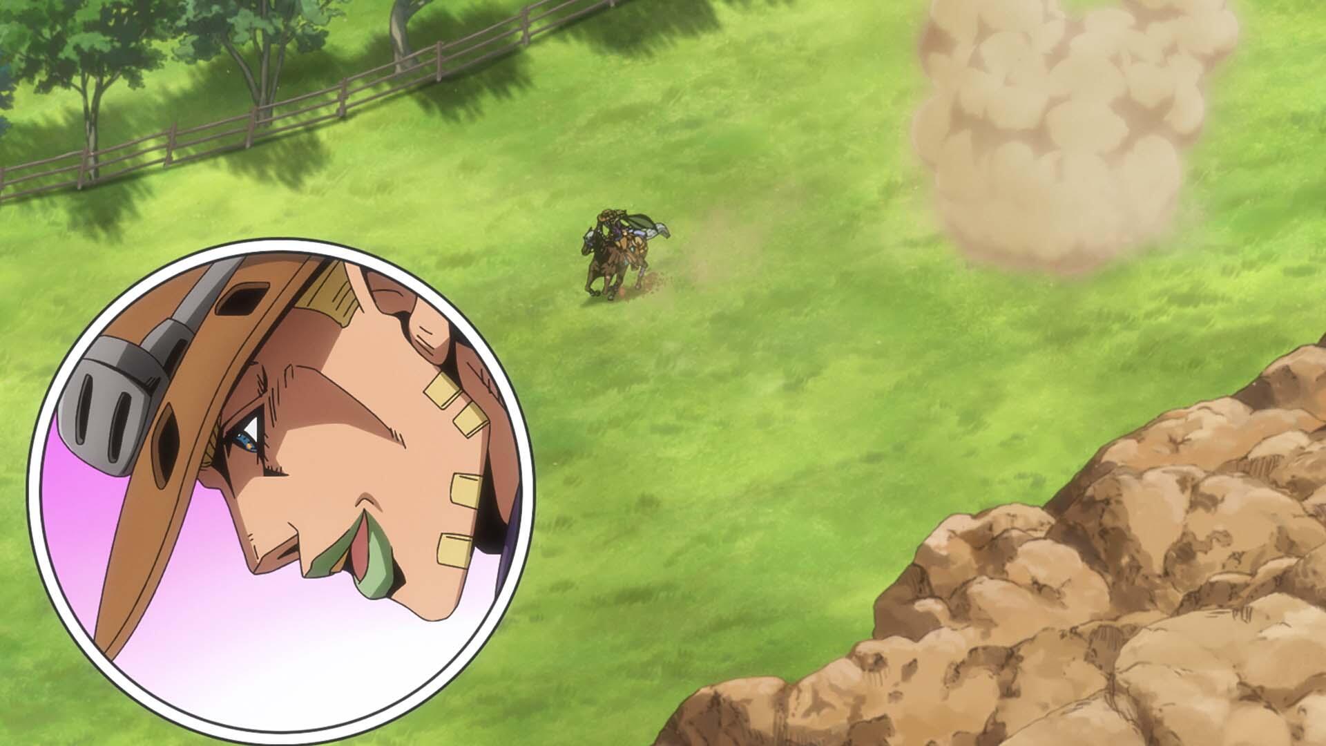 HD PC wallpaper from Steel Ball Run anime showing Gyro Zeppeli's inset profile and a tiny figure crossing a sunlit grassy plain kicking up dust.