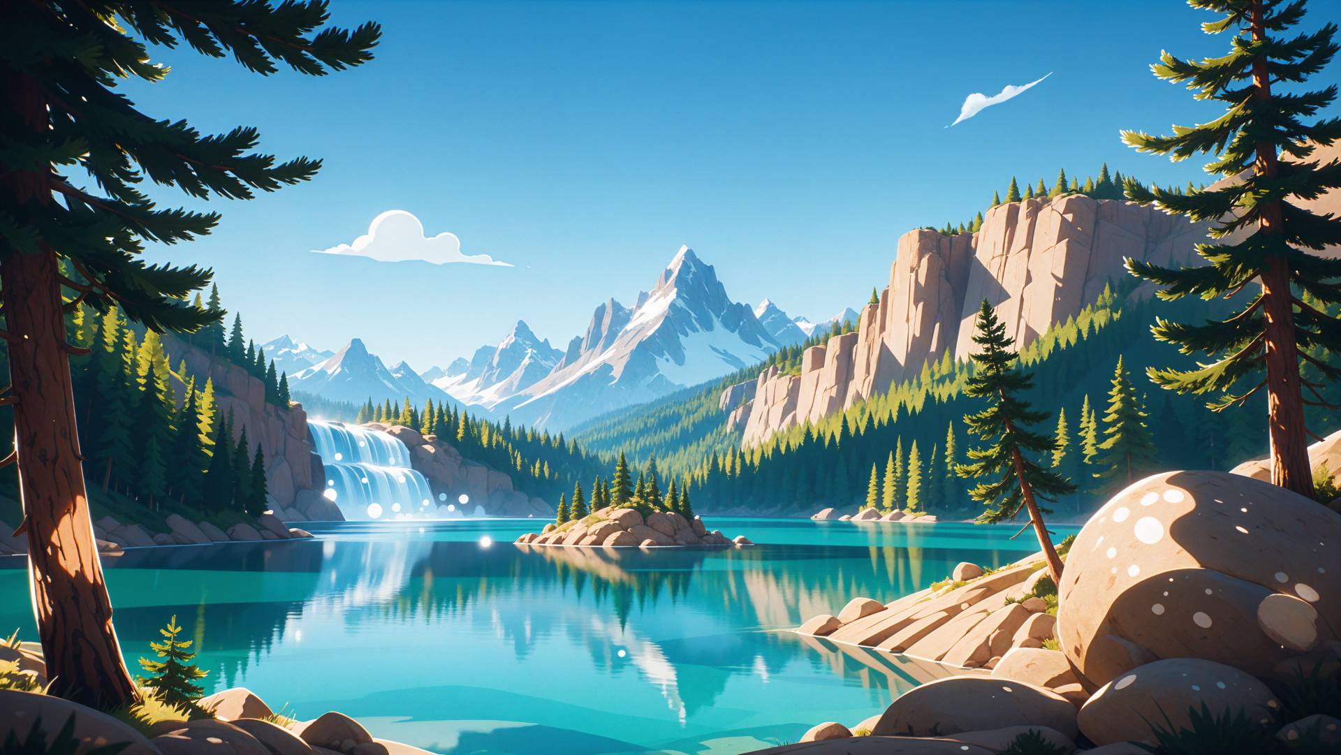4K Ultra HD PC desktop wallpaper: peaceful nature scene with a mountain range reflected in a turquoise lake, cascading waterfall, and dense pine forest under a clear blue sky.
