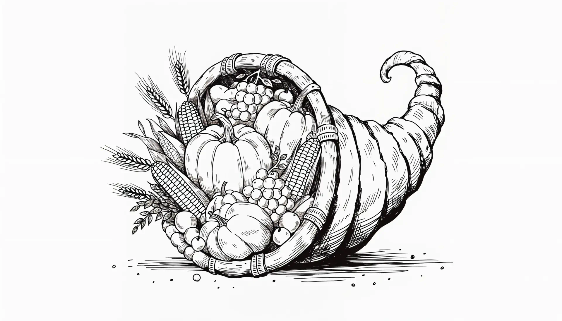 Black-and-white sketch of a cornucopia overflowing with pumpkins, ears of corn and grapes, symbolizing the harvest — 4K Ultra HD PC Desktop Wallpaper and Background.