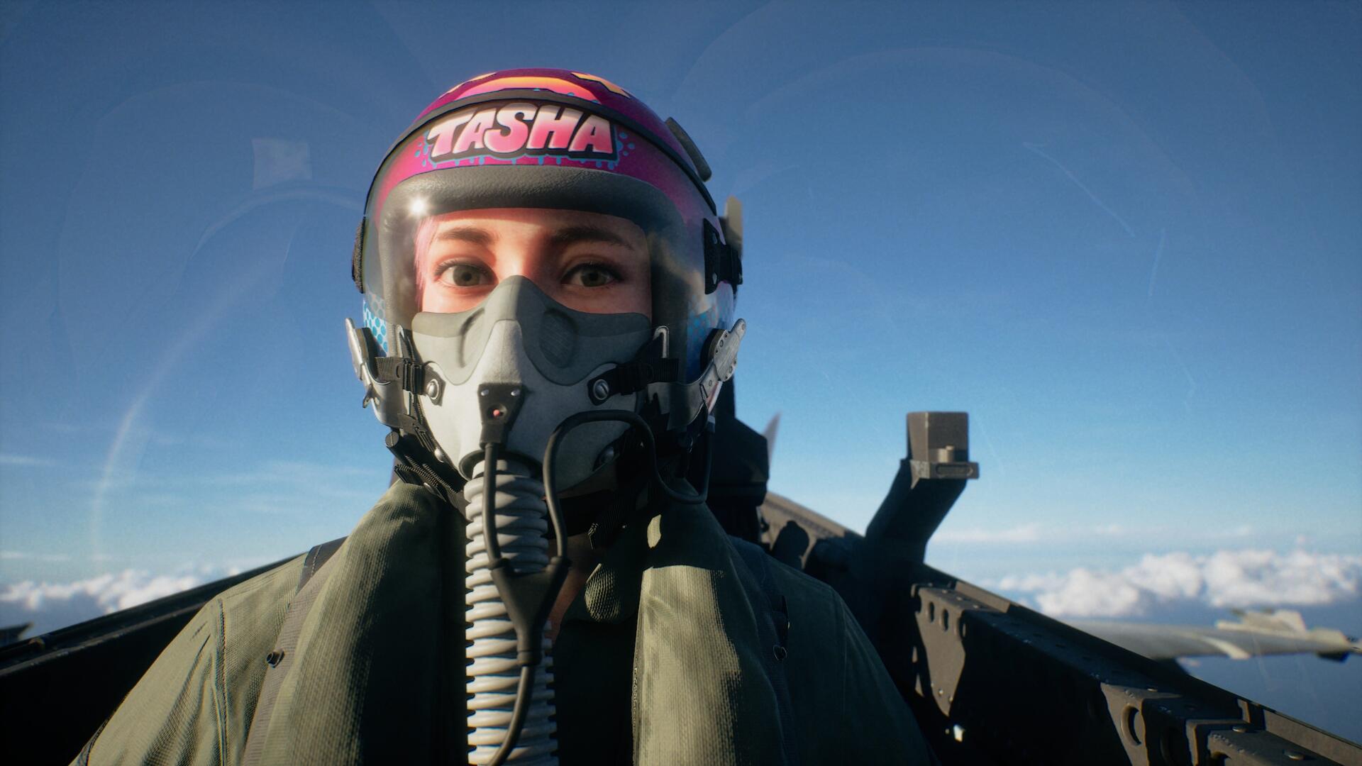 Ace Combat 8 HD PC wallpaper: fighter pilot in helmet and oxygen mask inside cockpit, horizon and clouds visible.