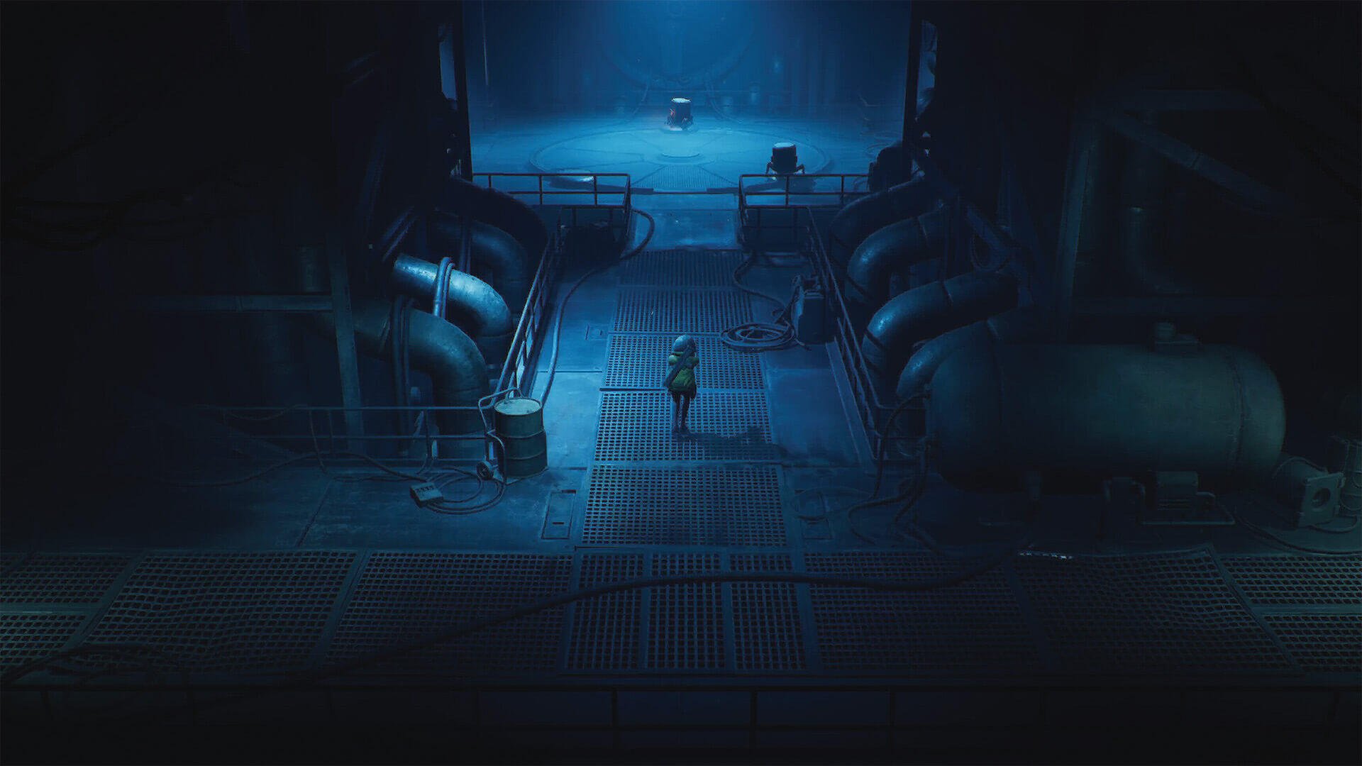 HD PC desktop wallpaper End of Abyss: lone figure in an industrial tunnel corridor, blue-tinted lighting, massive pipes and grated walkway fading into deep shadow.