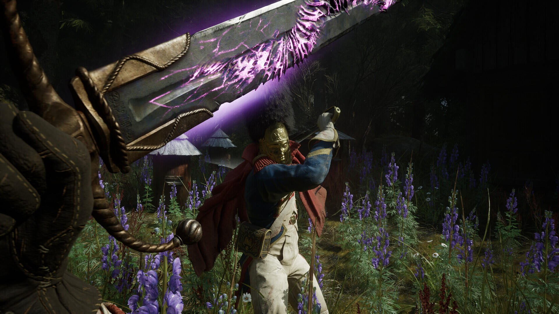 HD PC desktop wallpaper/background: Valor Mortis warrior raises a glowing purple sword in a moonlit field of lupines, confronting a coiling tentacled foe.