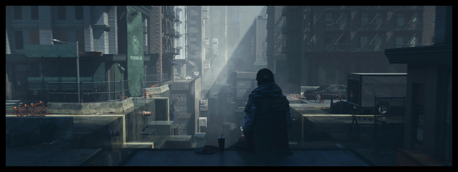 Control Resonant: lone silhouette overlooking a misty, neon-lit cityscape from a rooftop — 2K Quad HD PC desktop wallpaper/background.