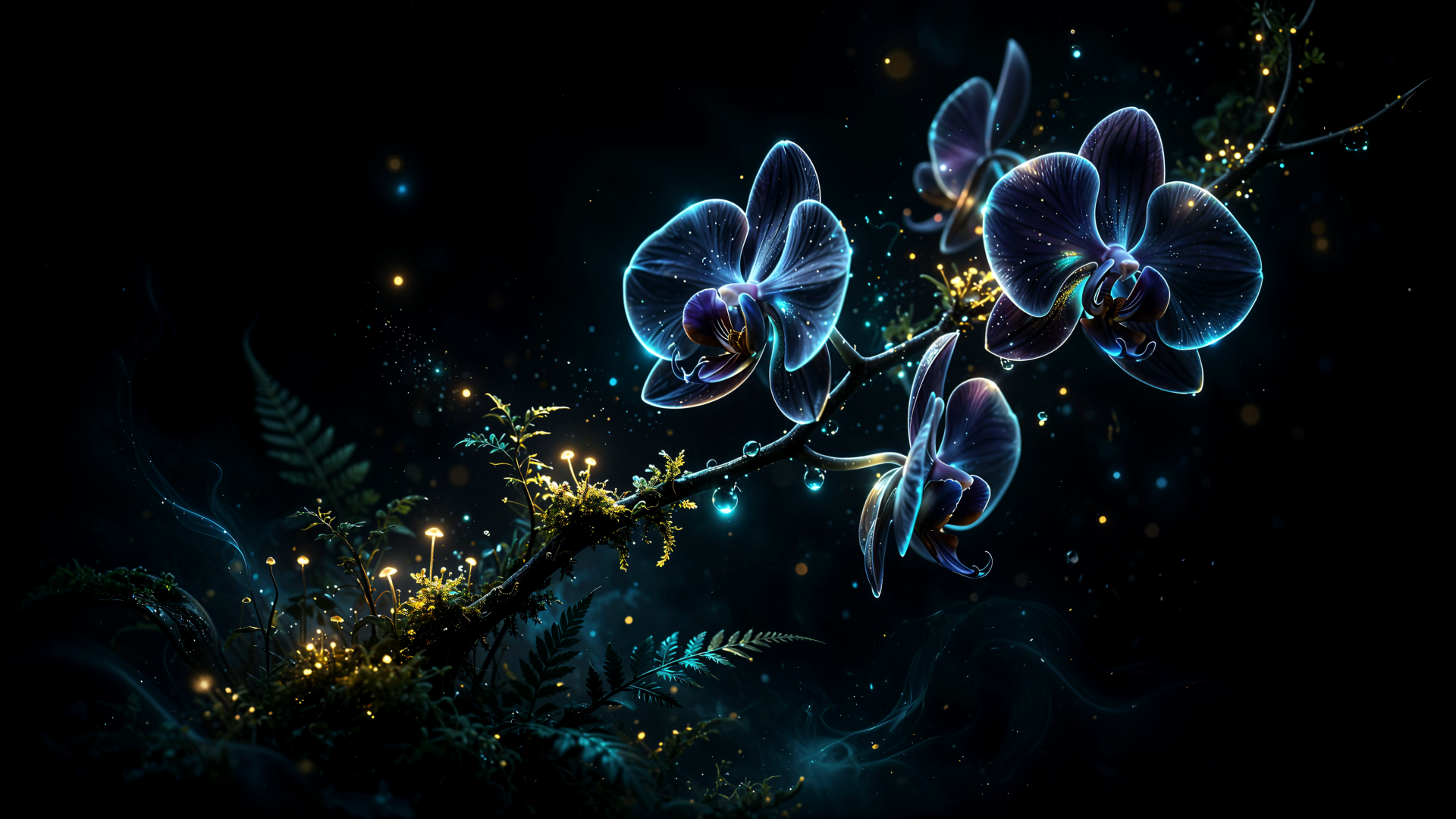 Glowing OLED-style orchid flowers and ferns on a dark, star-speckled backdrop in neon blues and gold — 4K Ultra HD PC desktop wallpaper and background.