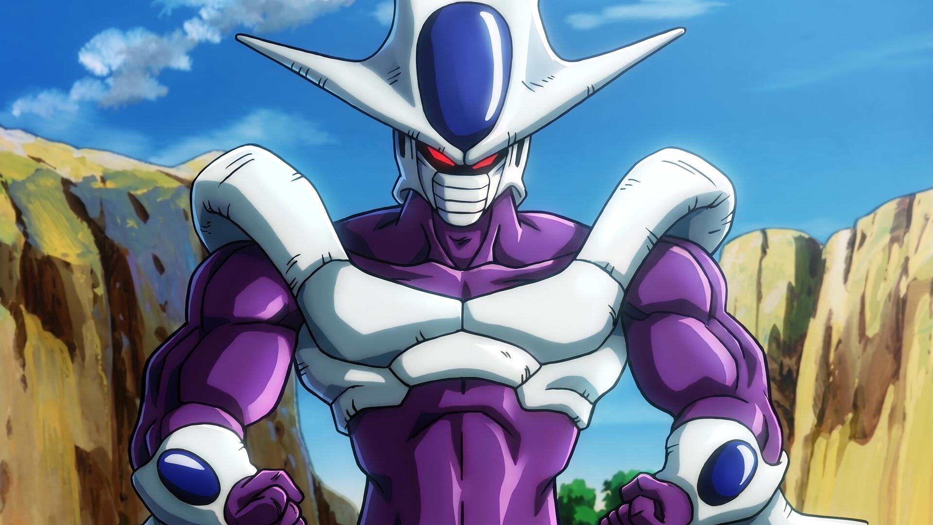 HD PC wallpaper of Cooler from Dragon Ball Z: final-form purple-and-white armored figure stands in rocky desert under blue sky — Dragon Ball anime background.