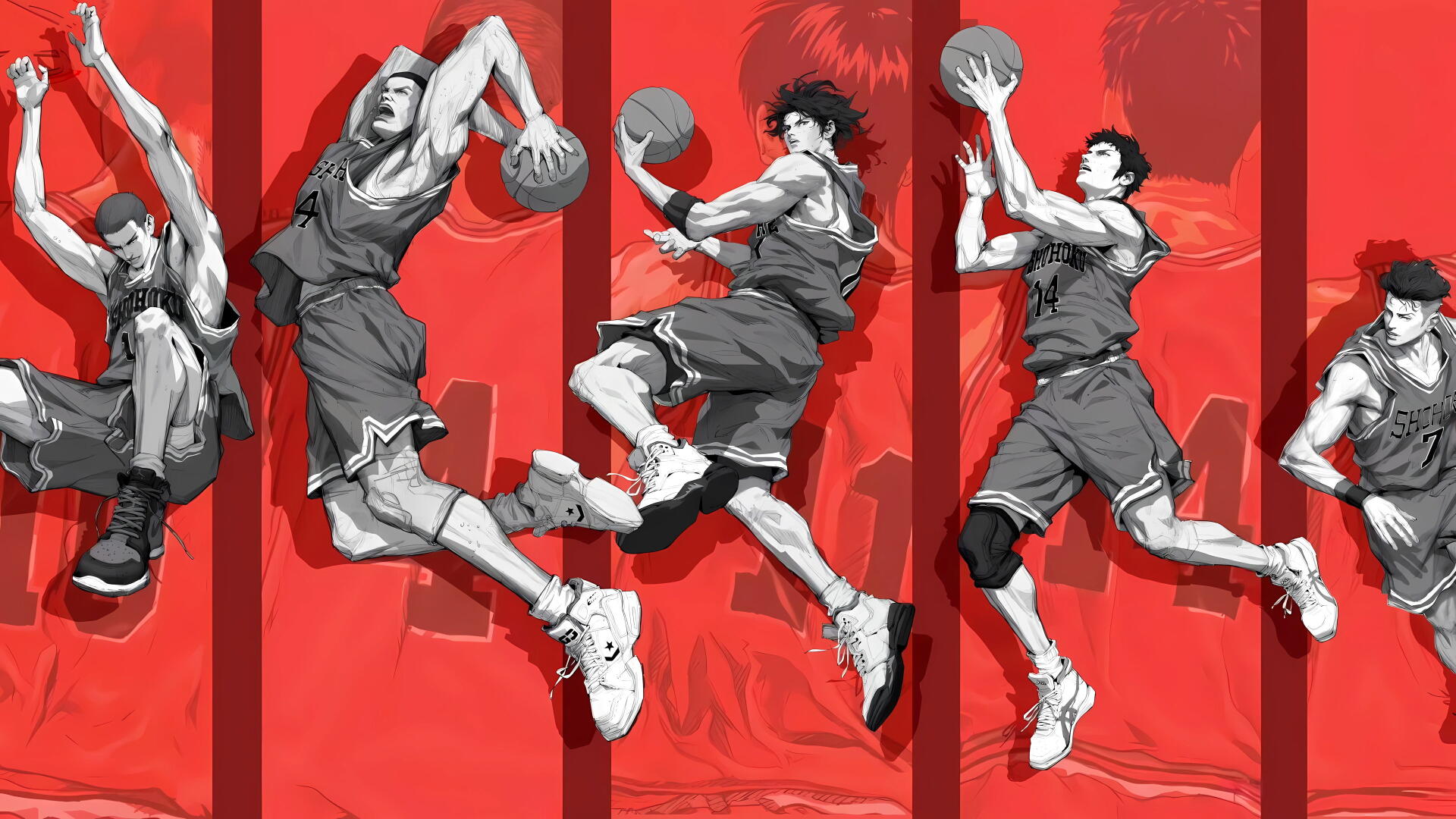 Slam Dunk players leaping for mid-air dunks across bold red panels — dynamic 4K Ultra HD PC desktop wallpaper and background.