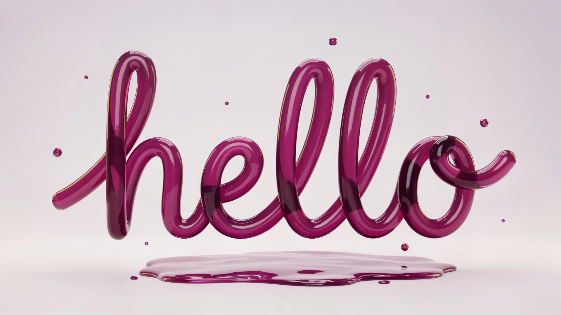 Glossy magenta 3D hello script typography floating above a reflective puddle on a minimalist pale backdrop — 4K Ultra HD PC desktop wallpaper/background.
