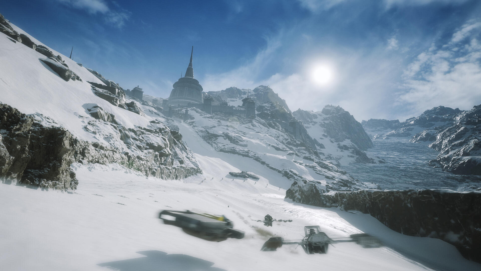 Star Wars: Galactic Racer 4K Ultra HD PC desktop wallpaper background — snowbound mountain and glacier landscape, bright sun and hover racers streaking across a frozen alpine valley.
