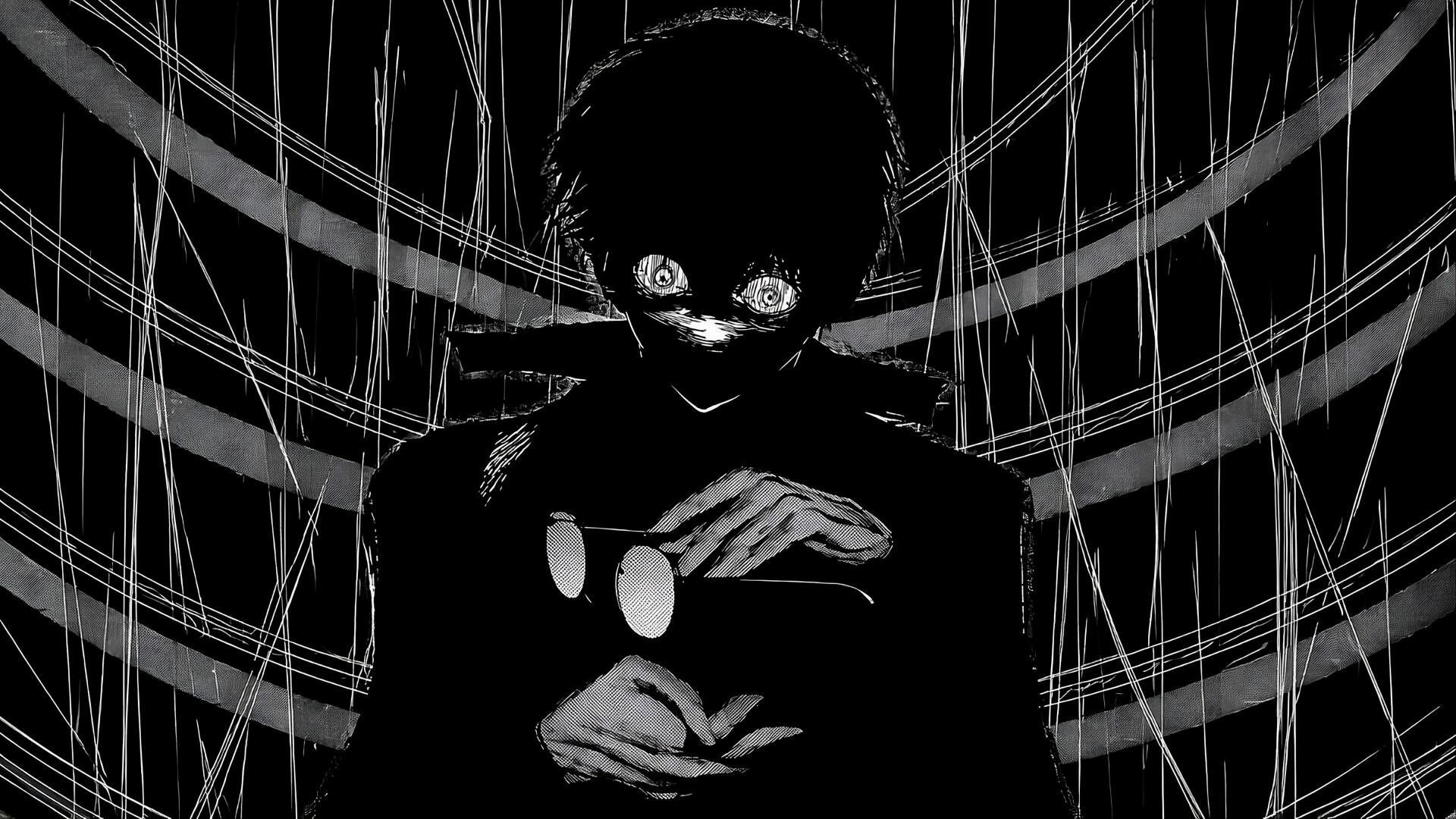 Tokyo Ghoul:re 4K Ultra HD PC desktop wallpaper — shadowed ghoul with glowing eyes holding glasses against a stark, web-like striped background.