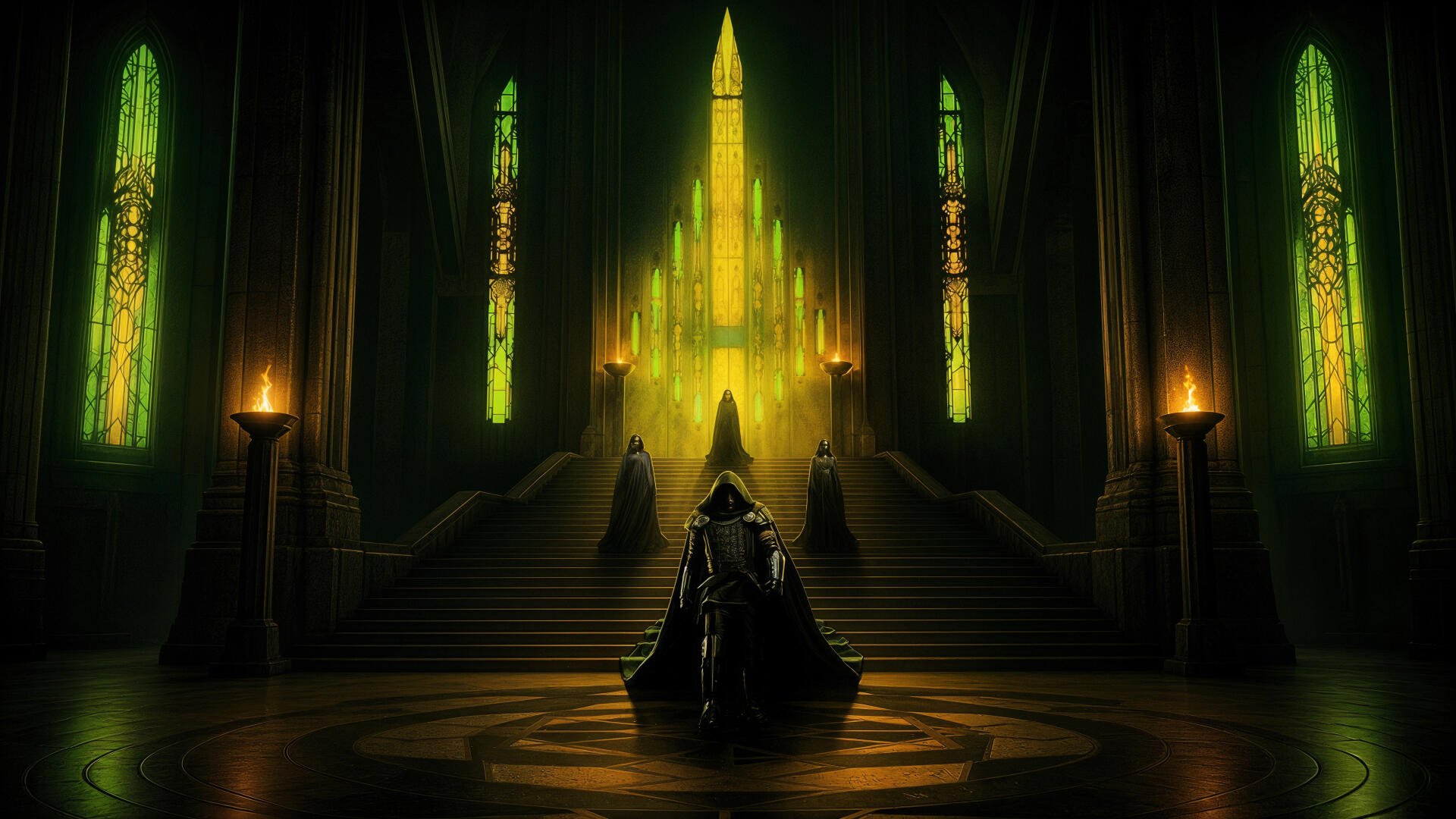 Avengers: Doomsday 4K Ultra HD PC desktop wallpaper featuring a lone figure before a glowing throne in a dark, emerald-lit hall.