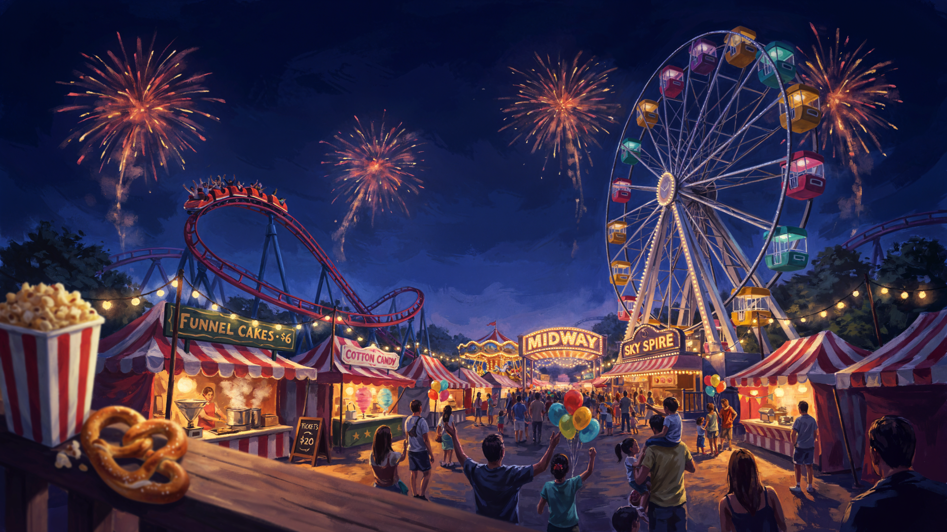 Colorful amusement park fair with a Ferris wheel, roller coaster, and fireworks lighting up the night, in a 4K Ultra HD PC desktop wallpaper.