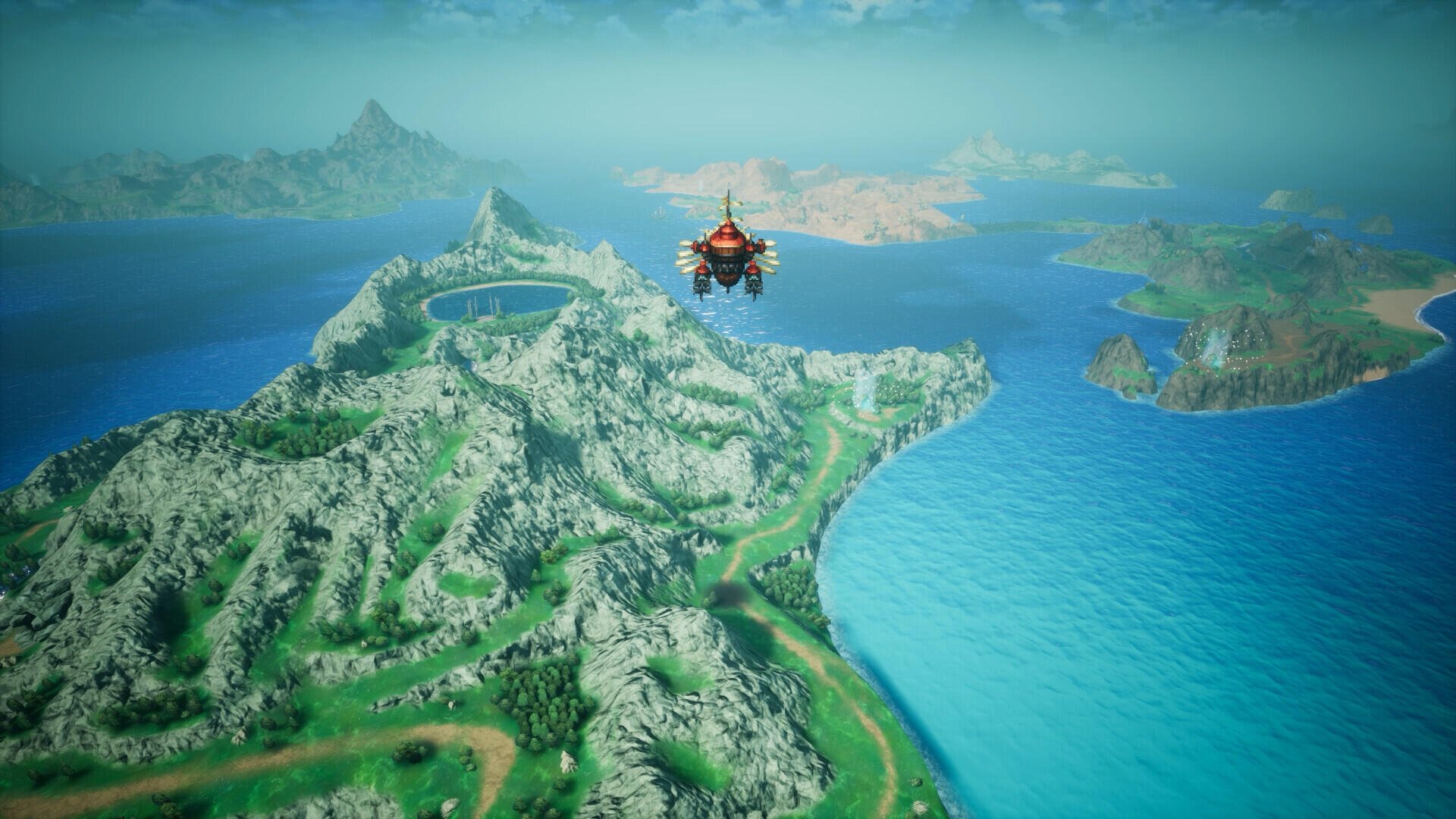 Final Fantasy Resonance HD PC desktop wallpaper featuring an airship above a mountainous island surrounded by a vivid blue ocean.