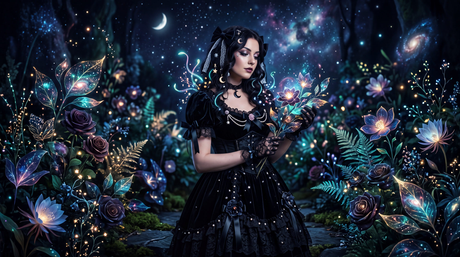 Dark coquette woman in a black dress surrounded by glowing flowers in a moonlit fantasy garden, 5K Ultra HD PC desktop wallpaper