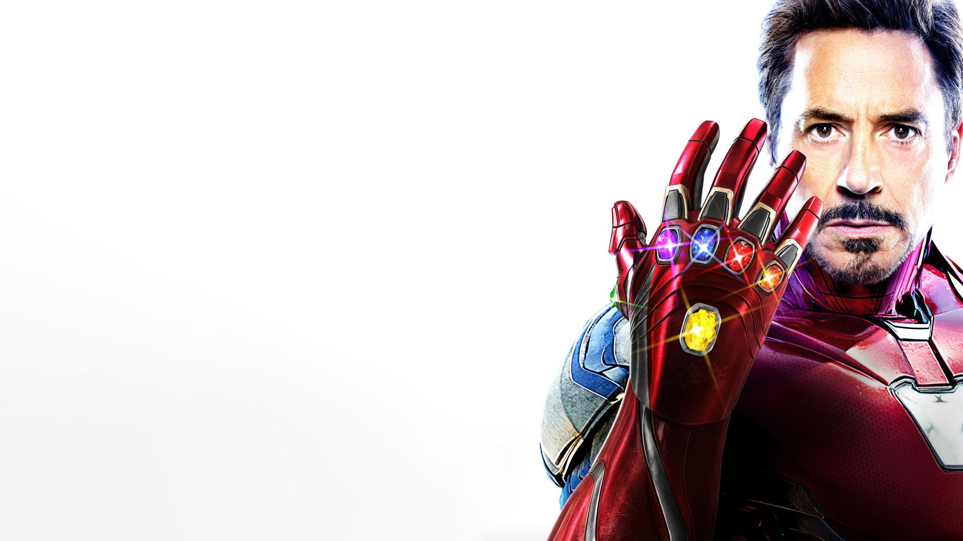 Avengers: Endgame 8K Ultra HD PC desktop wallpaper featuring Tony Stark in Iron Man armor raising a jeweled gauntlet against a white background.
