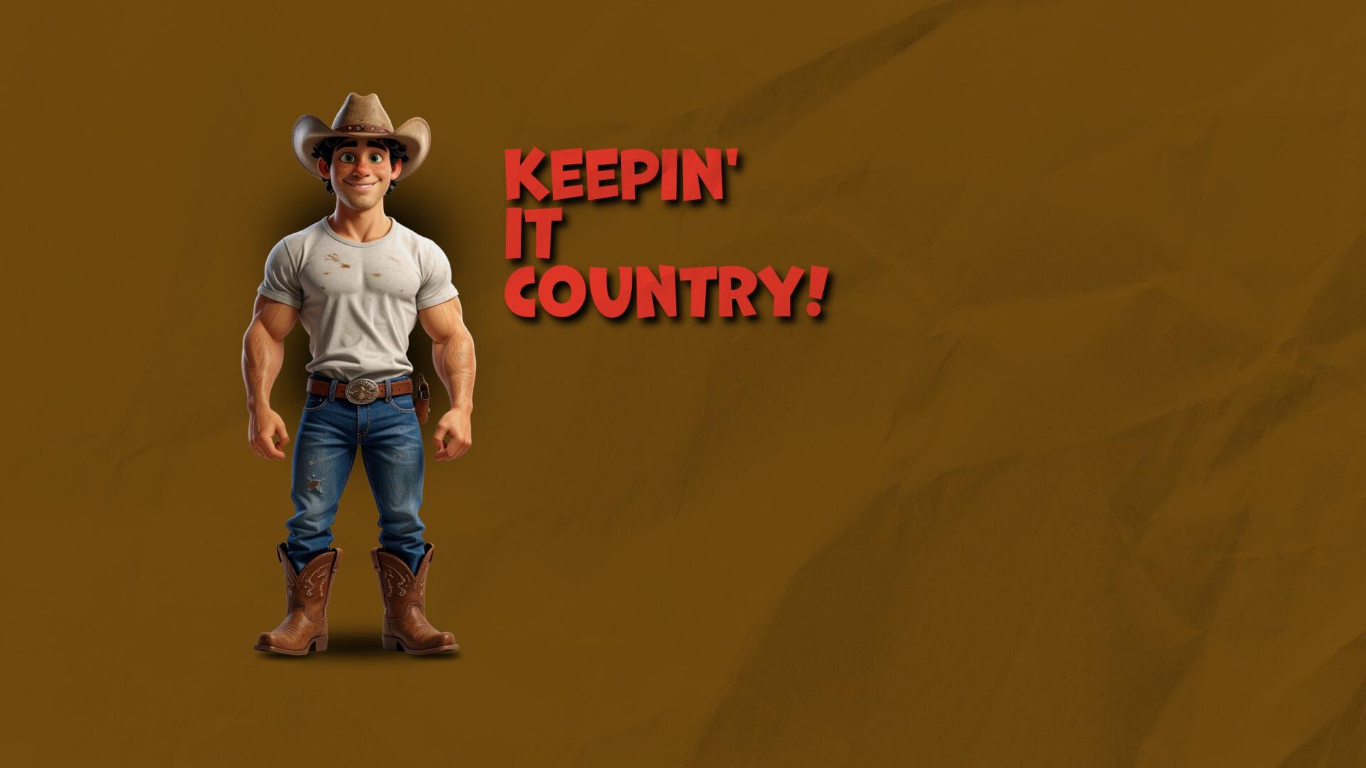 Cute cartoon cowboy in a hat with “Keepin’ It Country!” text on a brown 2K Quad HD PC desktop wallpaper background.