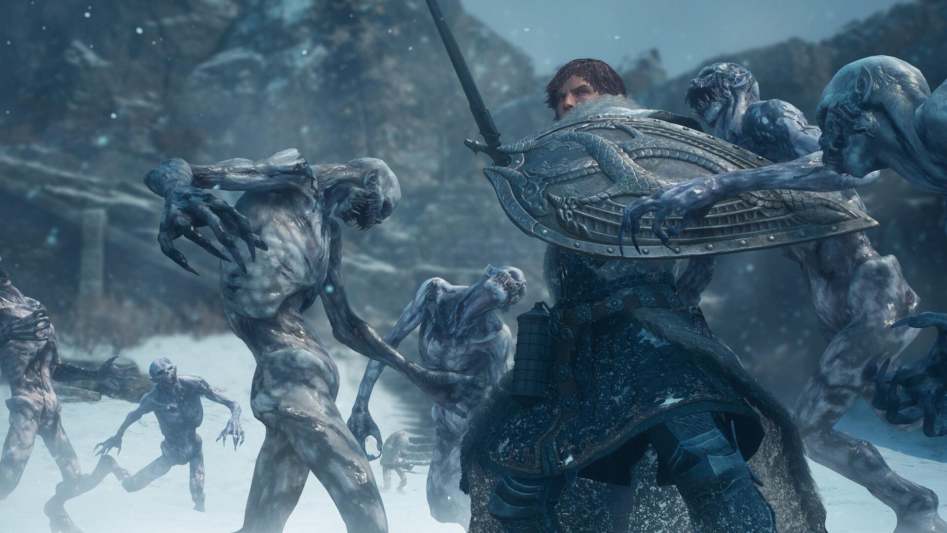Dragon’s Dogma 2: Dark Arisen 4K Ultra HD PC wallpaper of a warrior battling monsters in a snowy landscape.