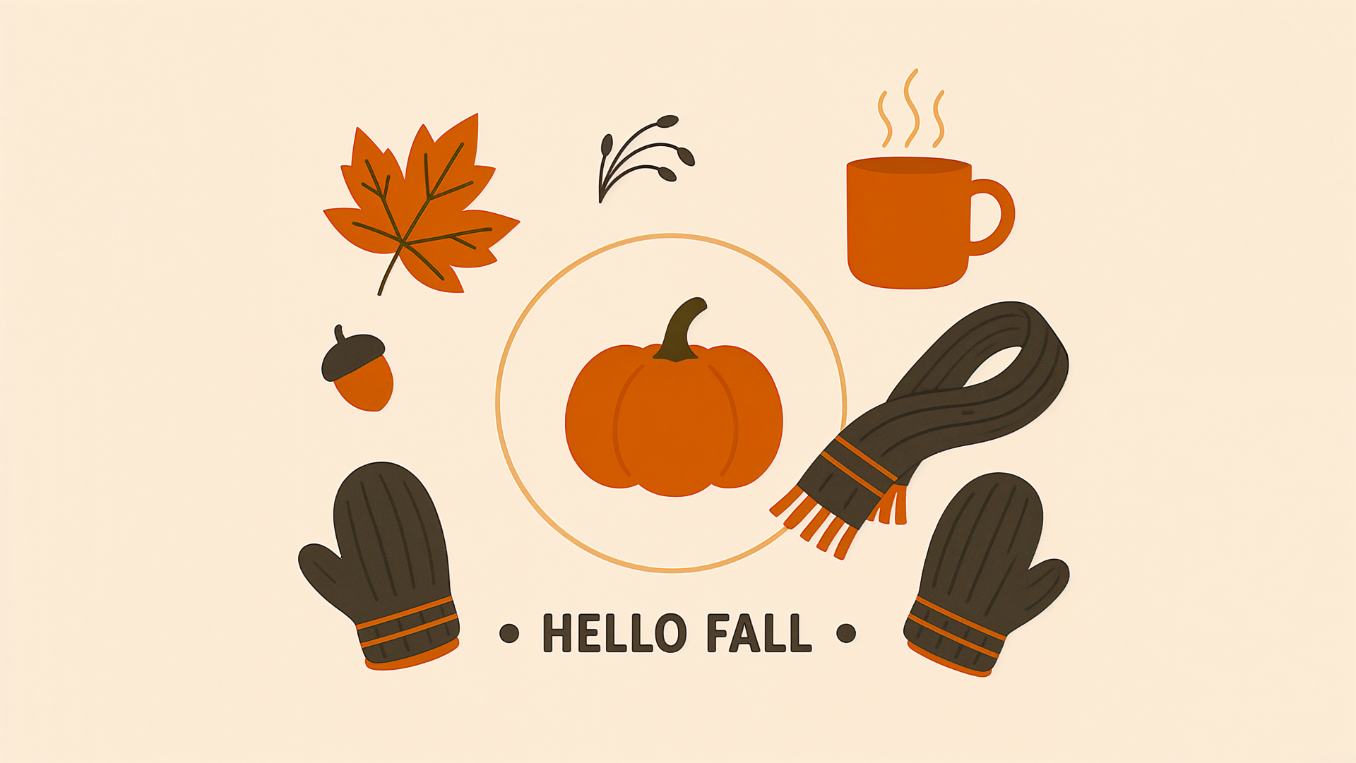 Hello Fall 4K Ultra HD PC desktop wallpaper with an illustrated pumpkin, autumn leaves, steaming mug, and cozy gloves on a warm cream background.