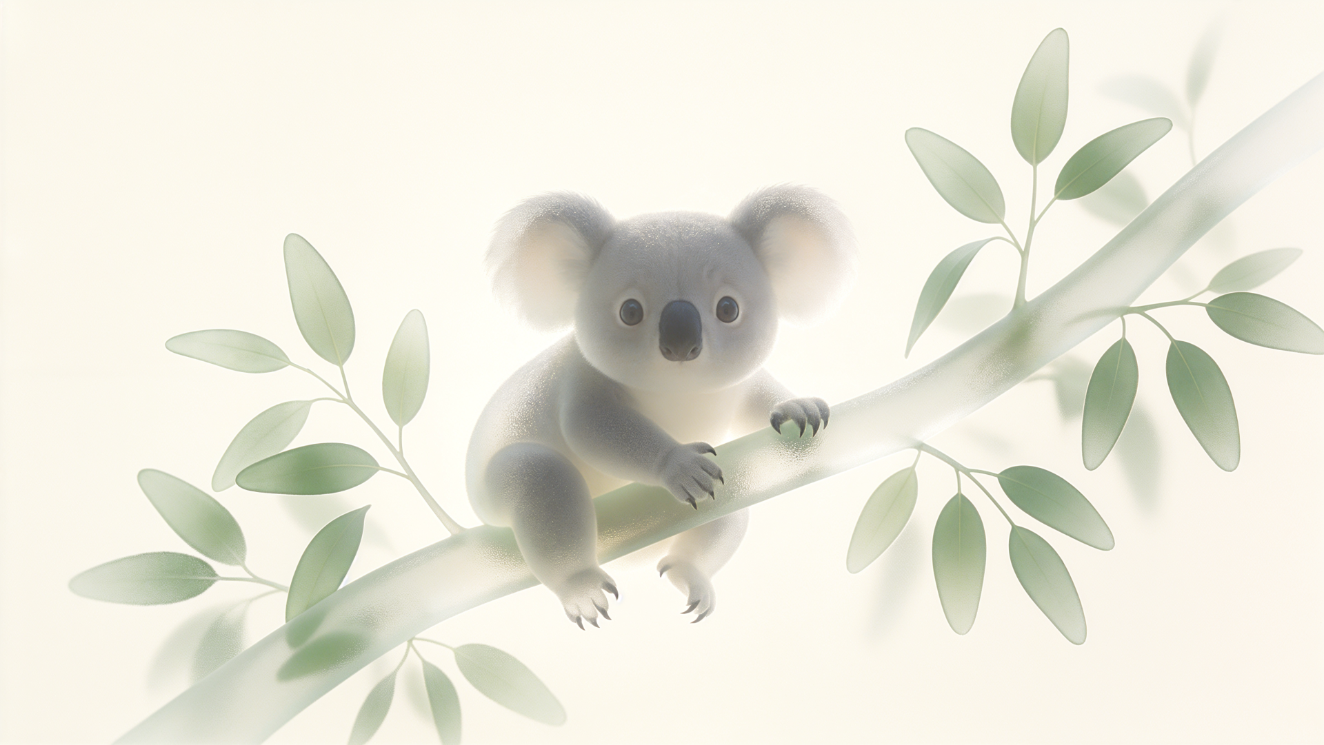 A soft watercolor koala resting among eucalyptus leaves, 4K Ultra HD PC desktop wallpaper and background.